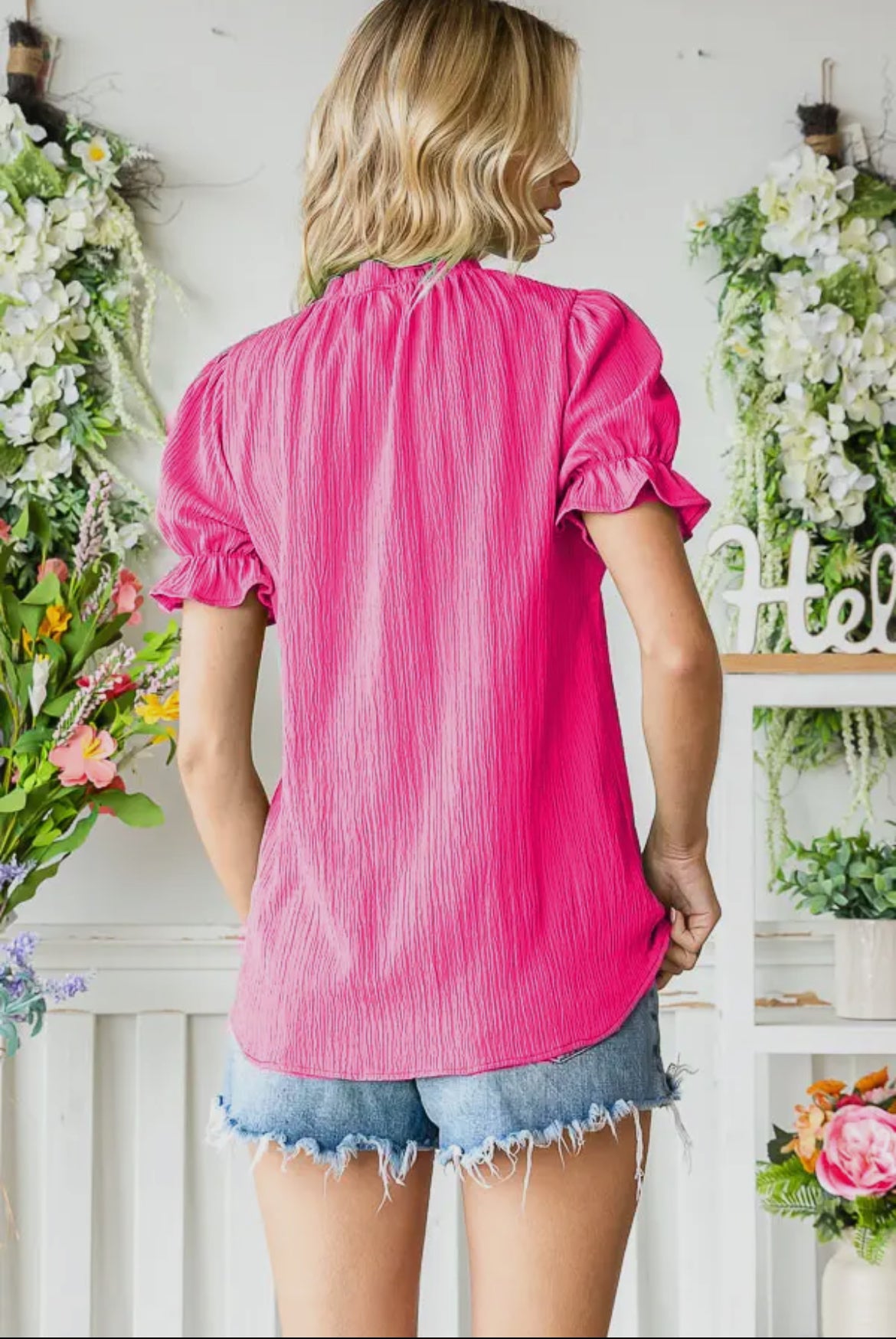 Fuchsia Ruffle Mock Neck Blouse