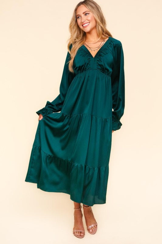 SMALL Hunter Green Satin Babydoll Dress