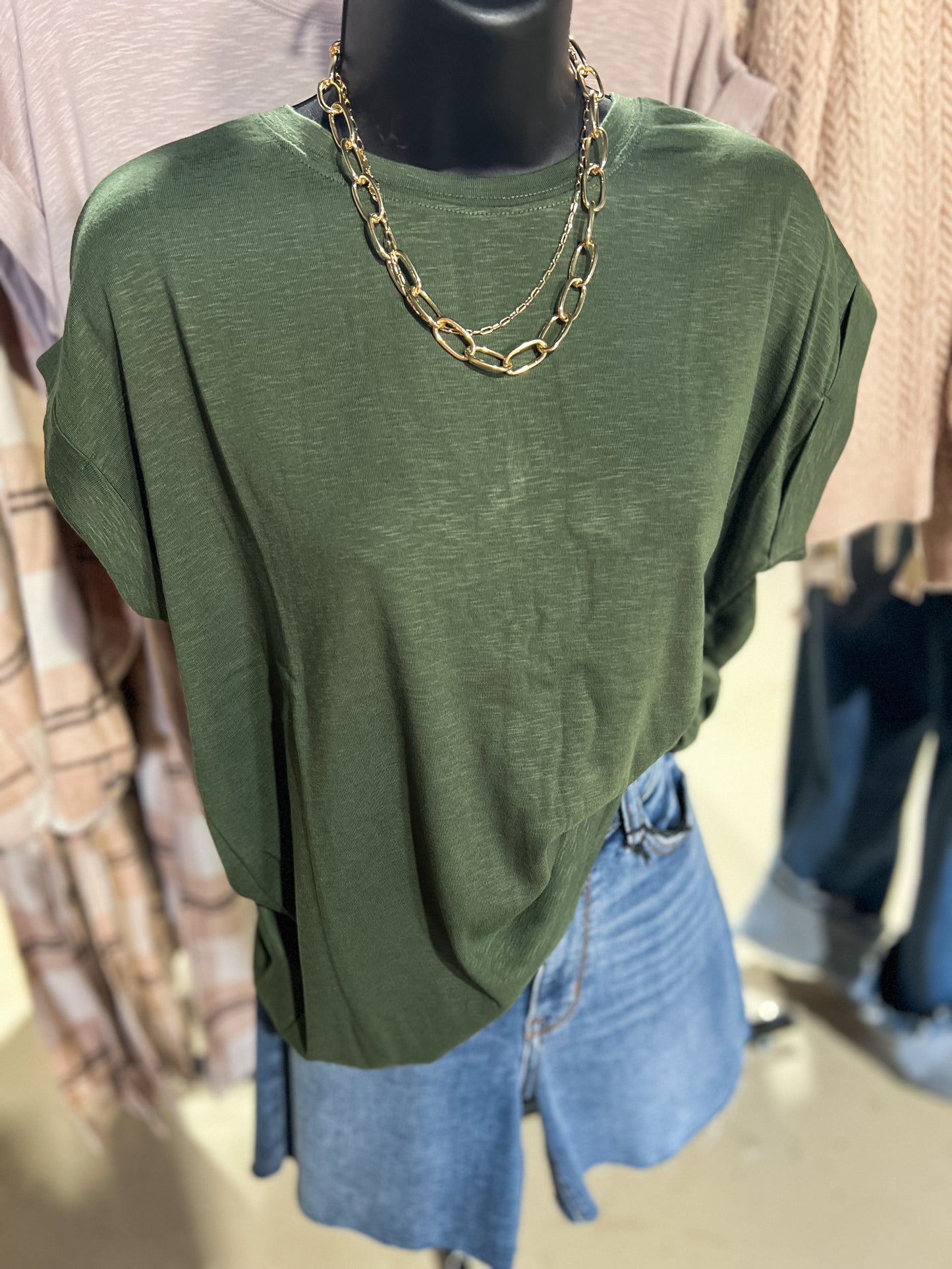 Army Green Cotton Modal Rolled Sleeve Top