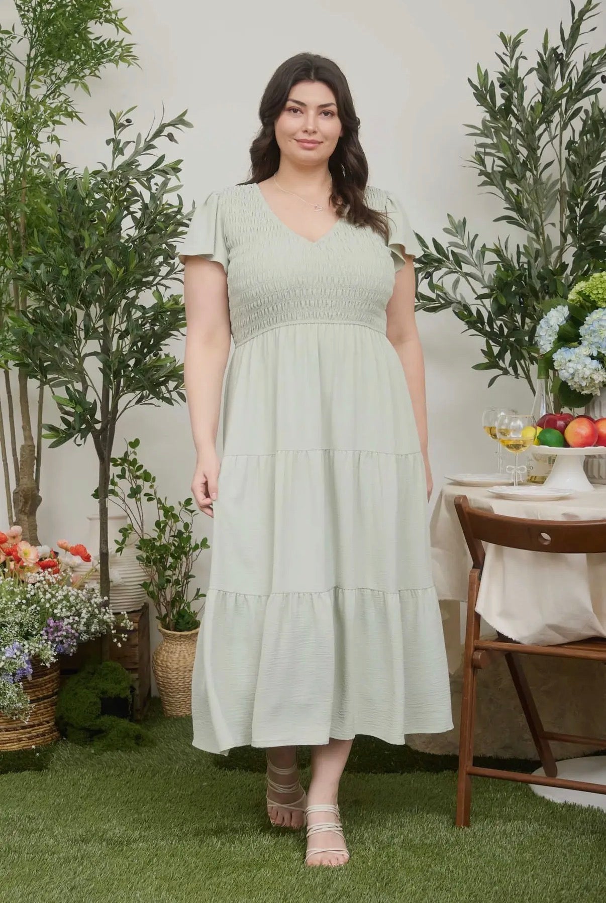 Sage Smocked Flutter Sleeve Midi Dress