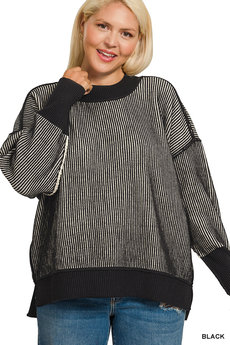 Black Ribbed Two-Tone Sweater