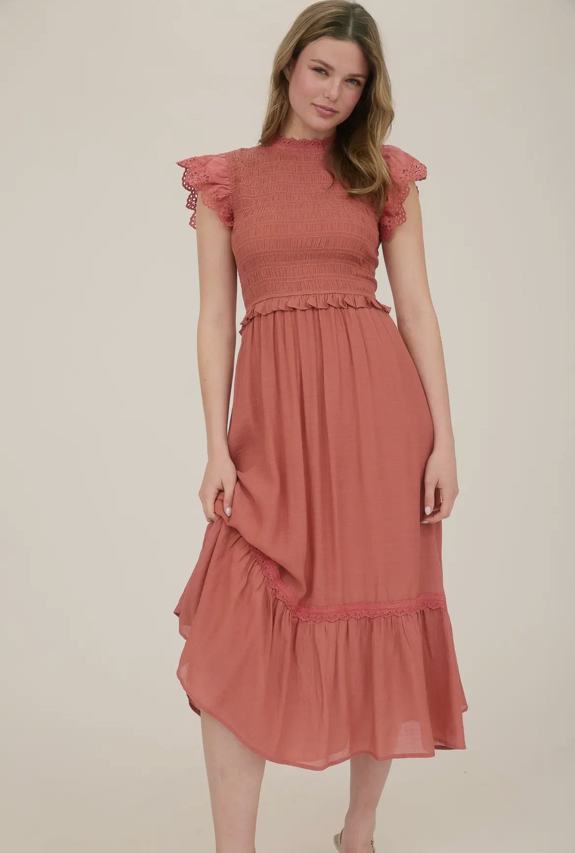 Terracotta Smocked Eyelet Trim Midi Dress