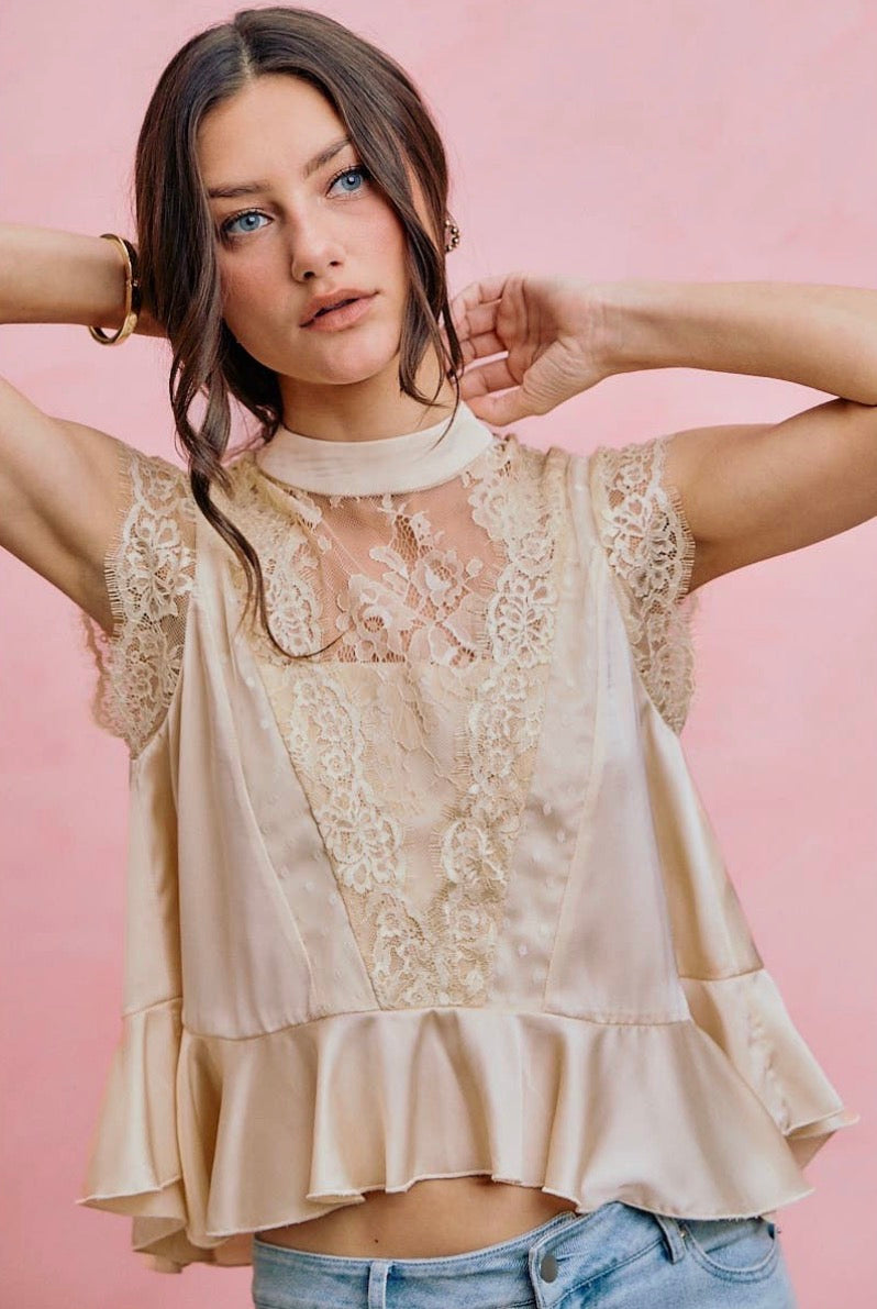 Champagne Satin Lace Peplum Top