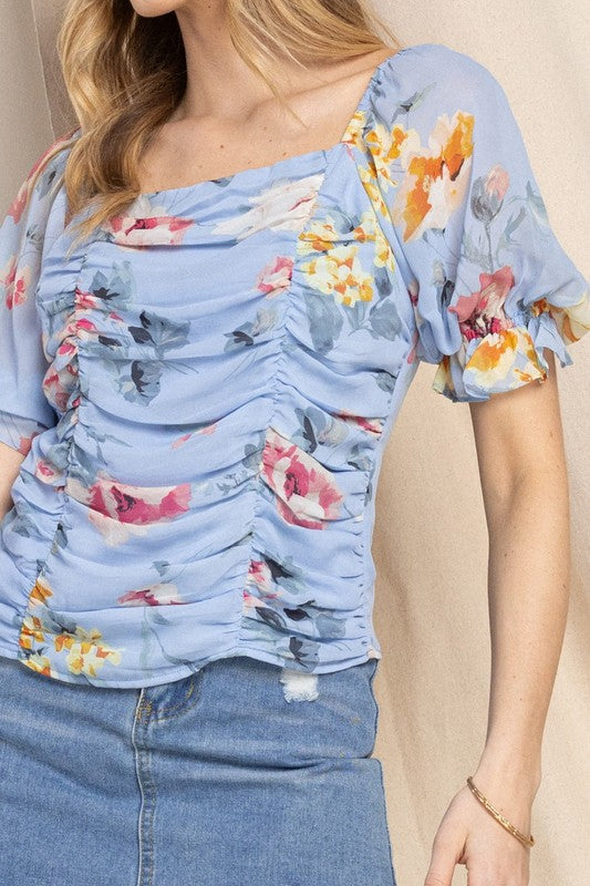 Blue Floral Ruched Top