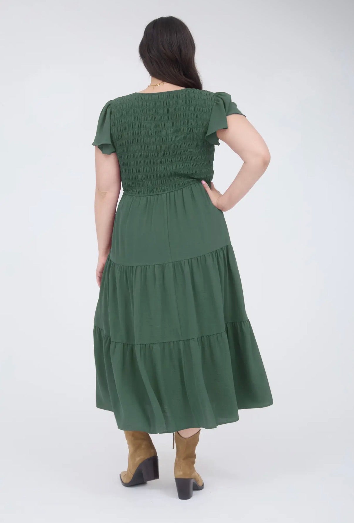 Pine Smocked Flutter Sleeve Midi Dress