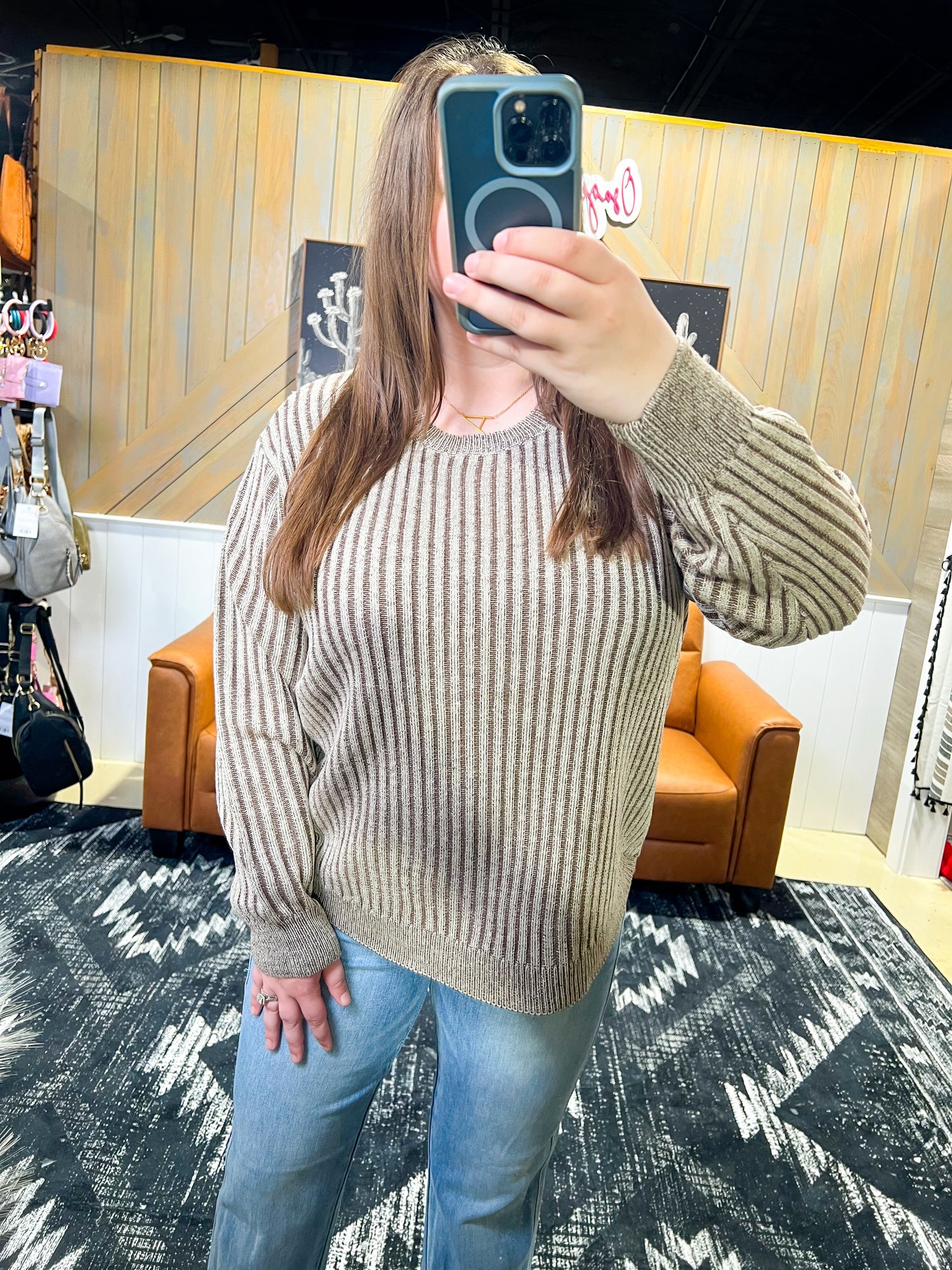Brown Curved Hem Two-Tone Sweater