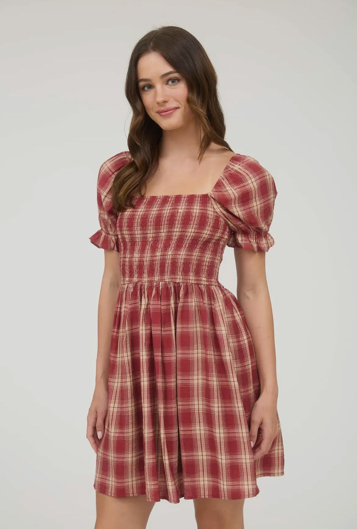 Burgundy Plaid Smocked Dress