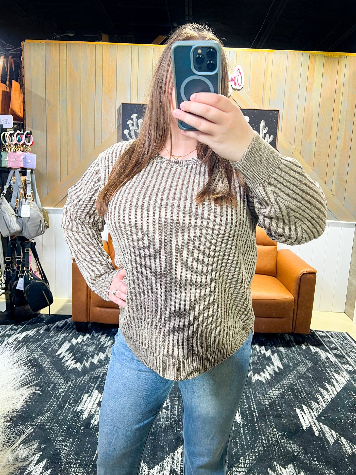 Brown Curved Hem Two-Tone Sweater