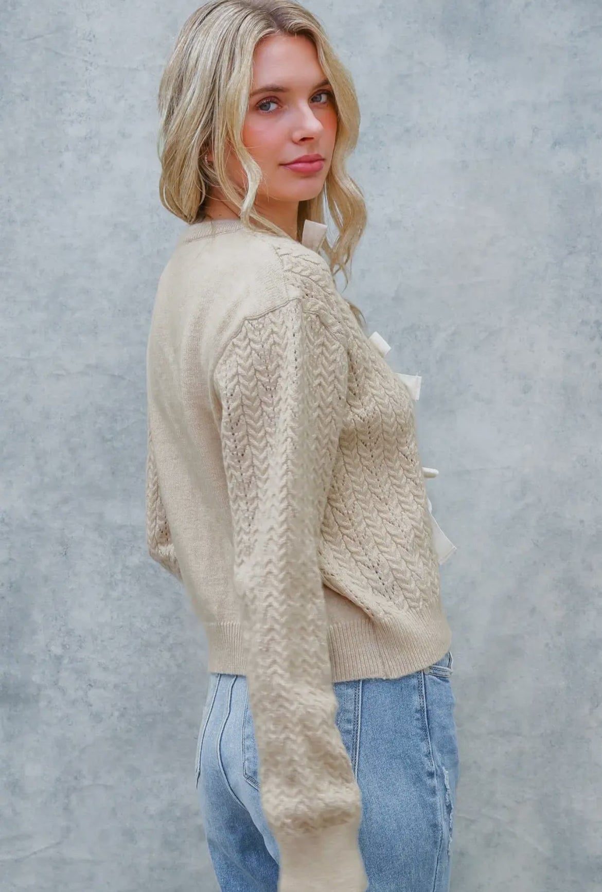 Oatmeal Bow Front Cable Knit Cardigan