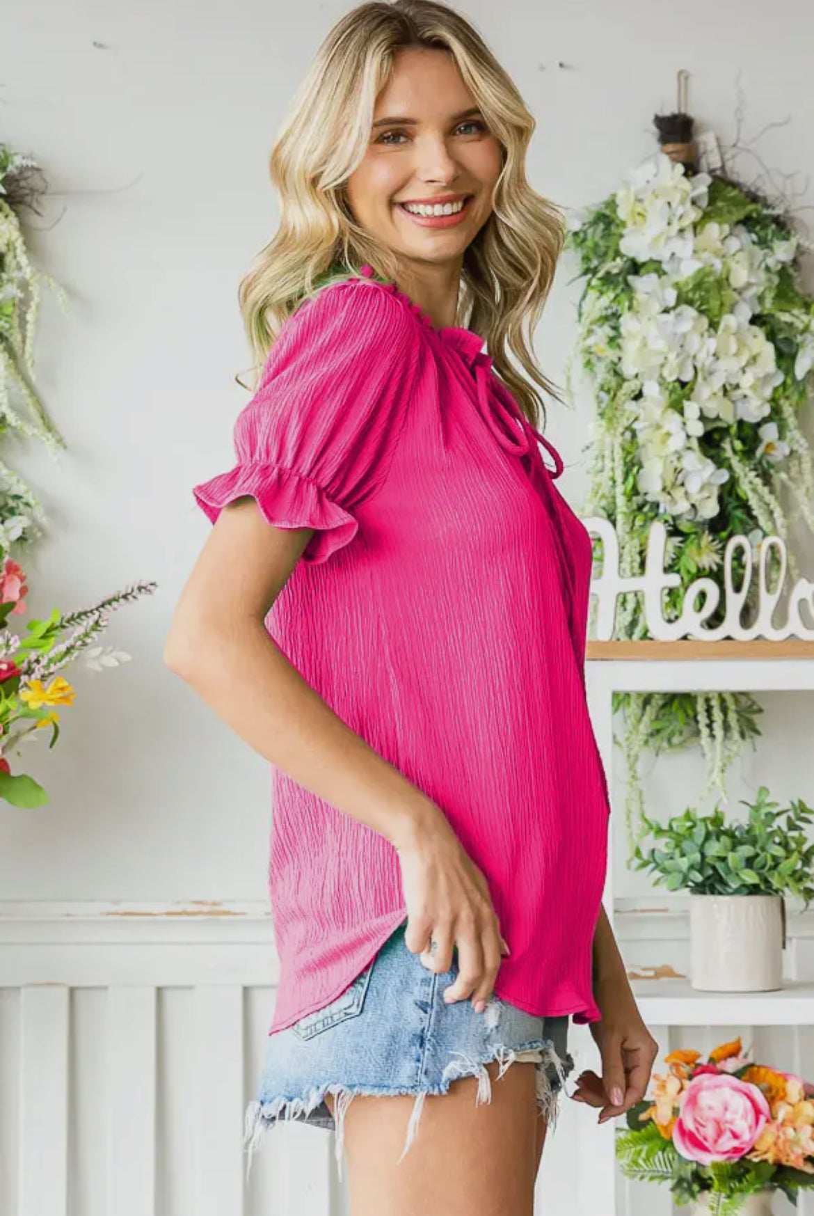 Fuchsia Ruffle Mock Neck Blouse