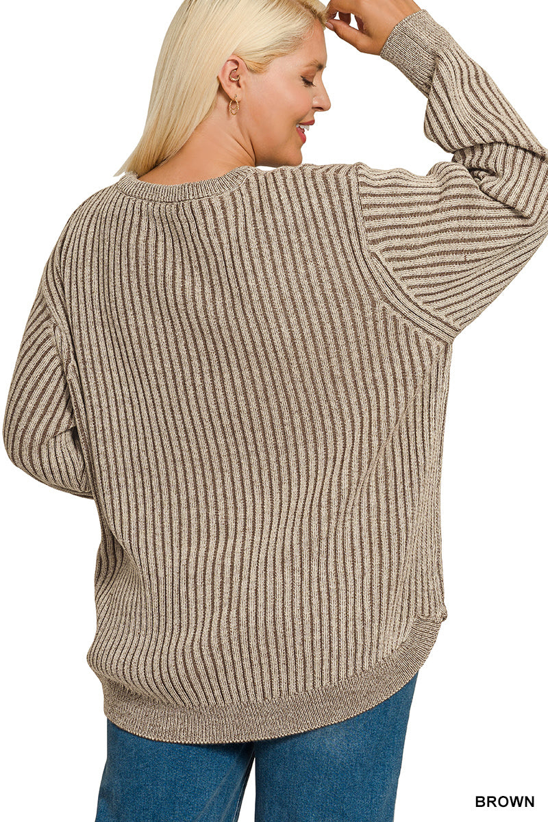 Brown Curved Hem Two-Tone Sweater