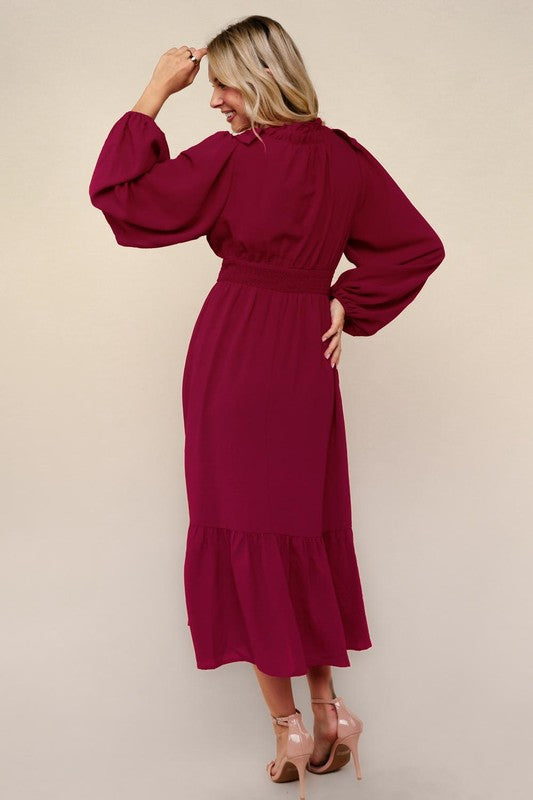 Burgundy Ruffle V-Neck Long Sleeve Dress