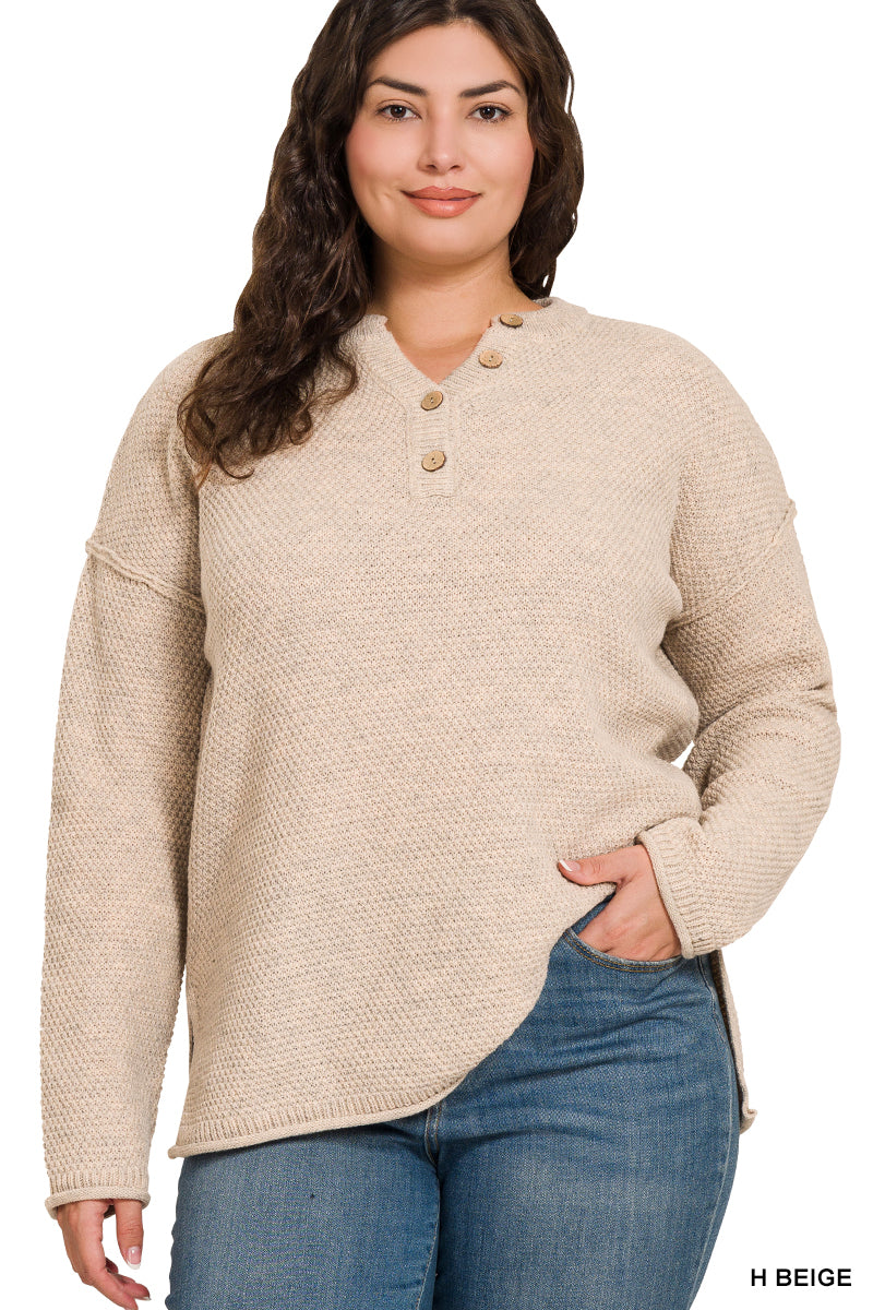 Heather Beige Button Henley Sweater