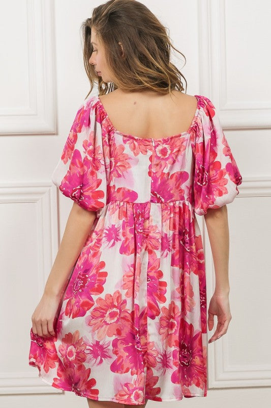 Magenta Satin Floral Square Neck Dress