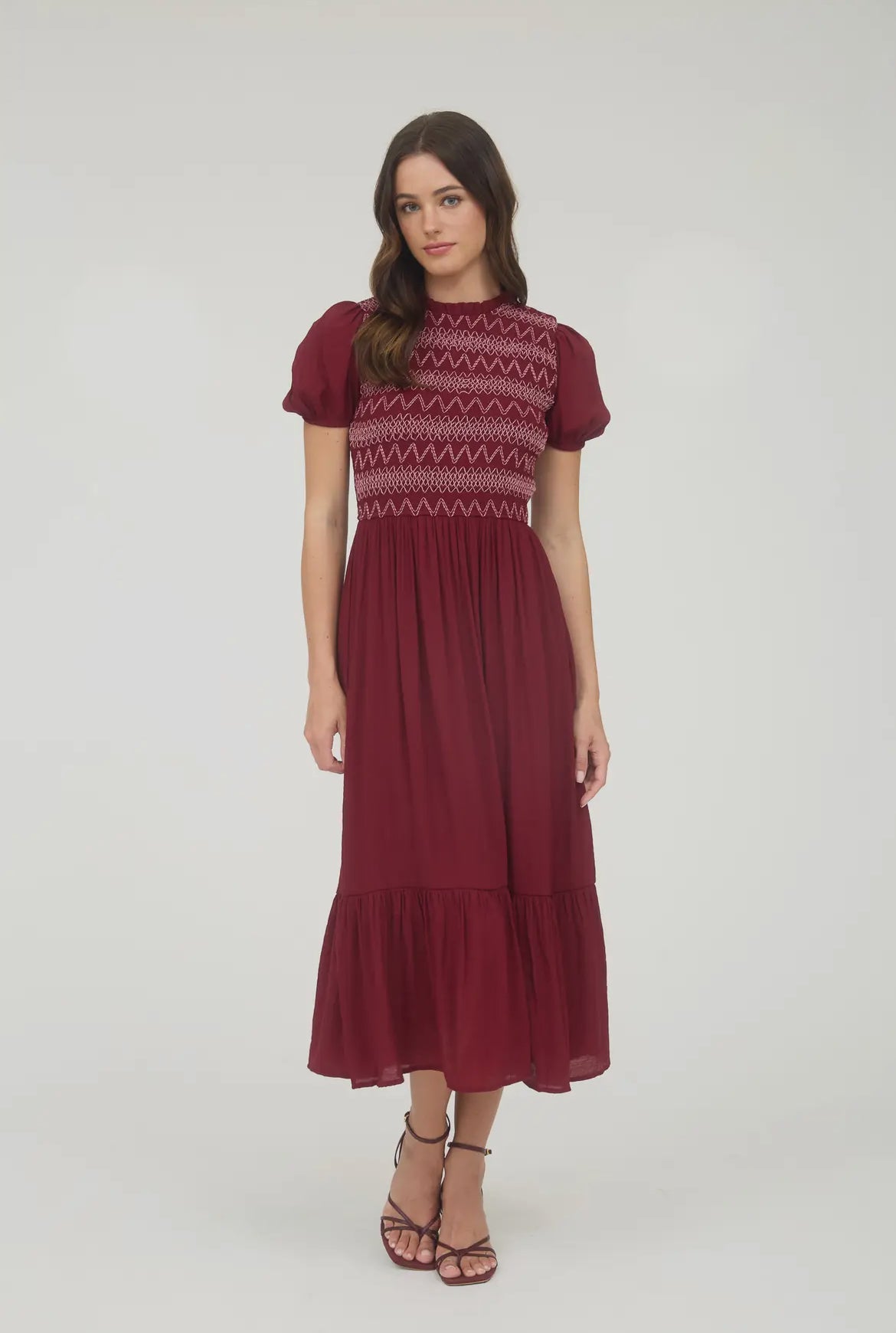 Burgundy + Pink Smocked Detail Midi Dress
