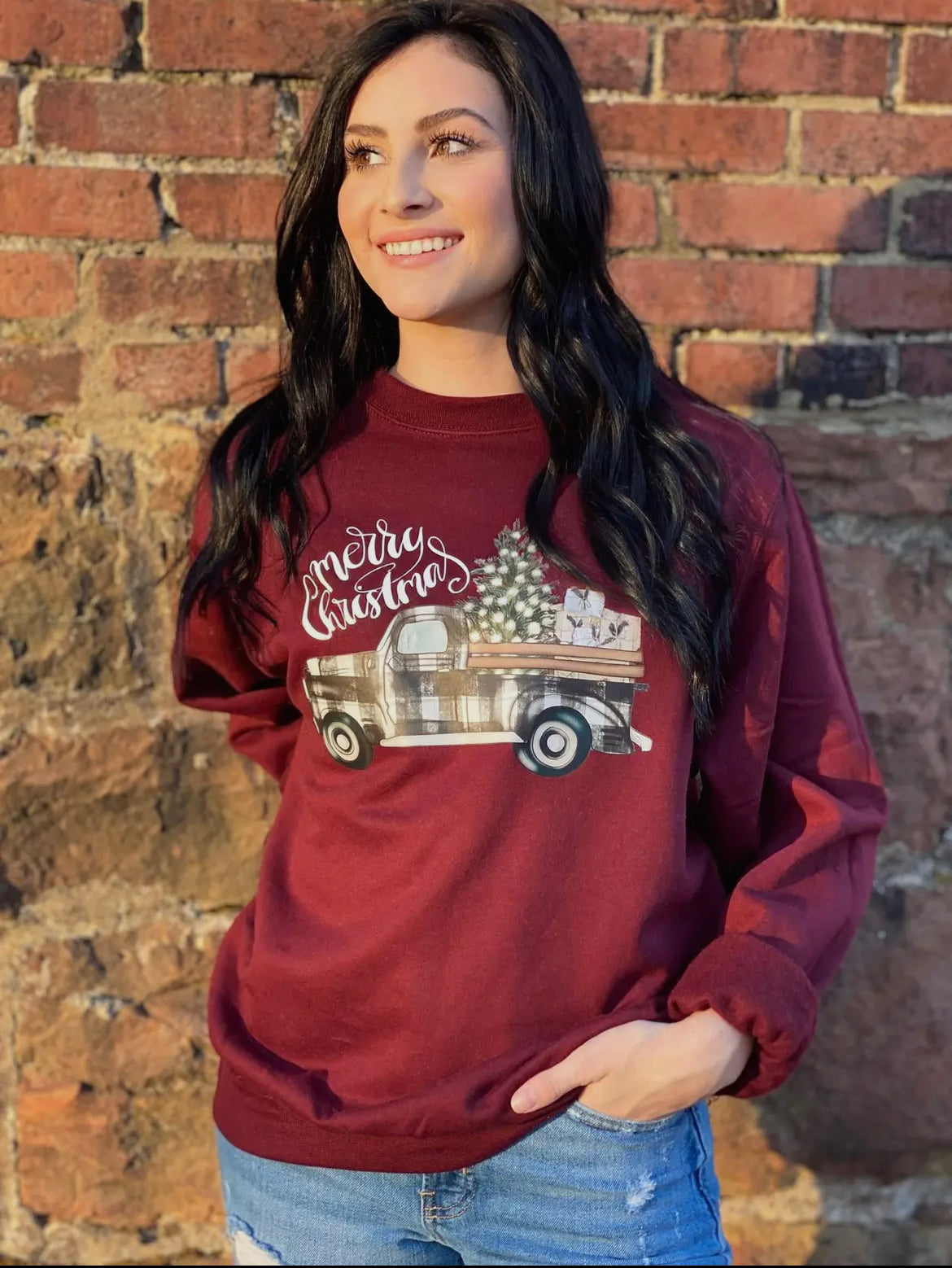 SMALL Merry Christmas Plaid Truck Sweatshirt