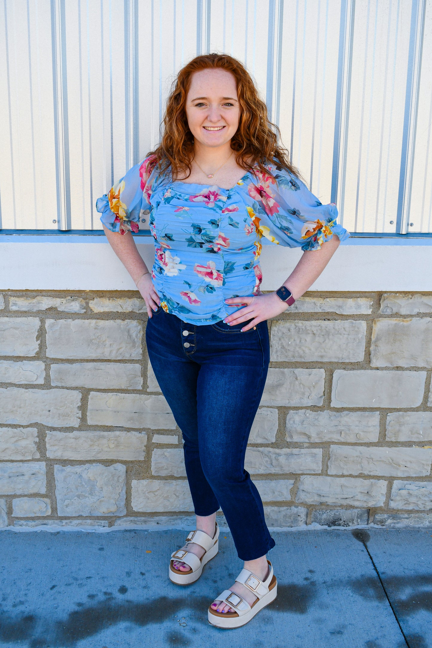Blue Floral Ruched Top