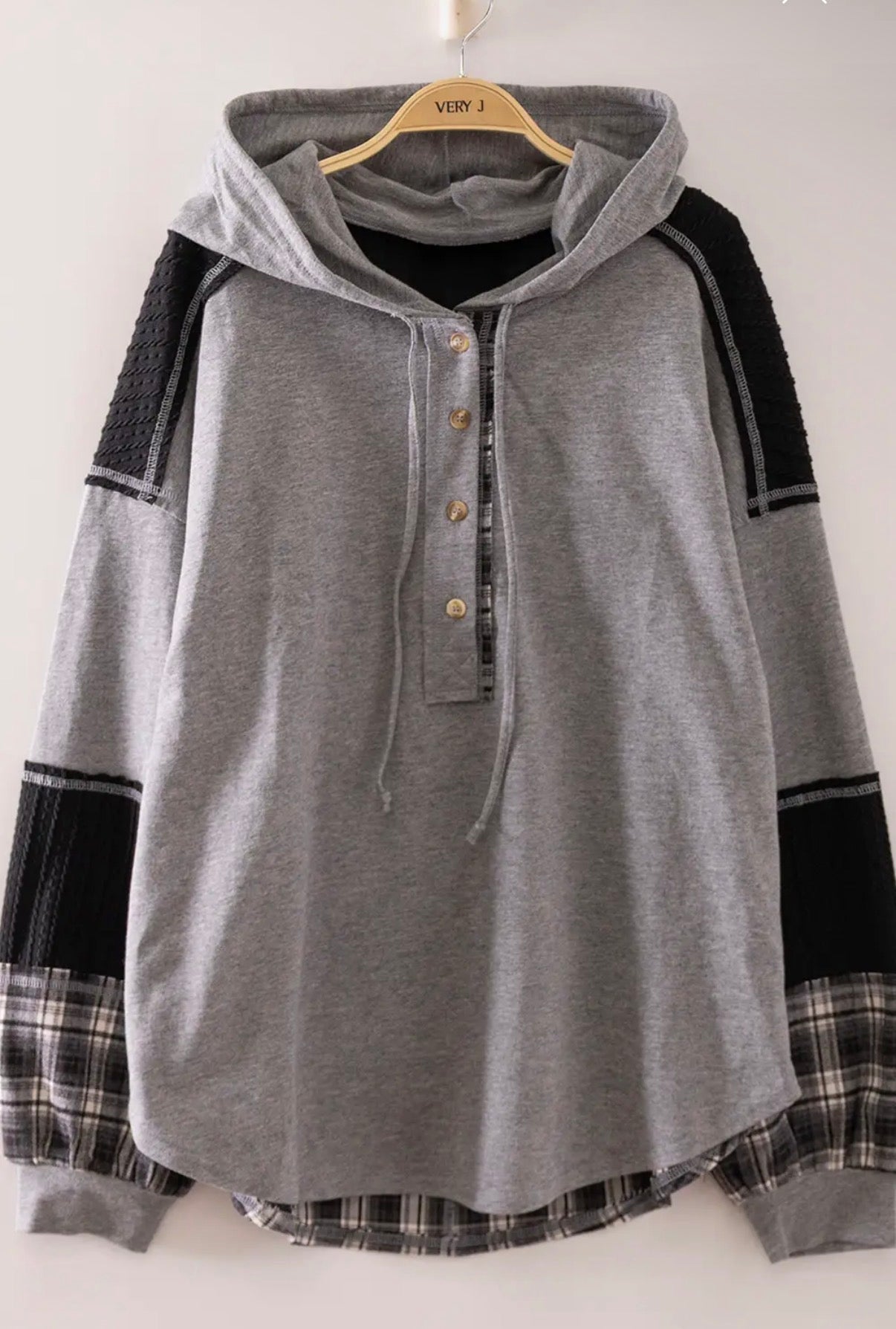 Grey + Black Plaid Contrast Hoodie