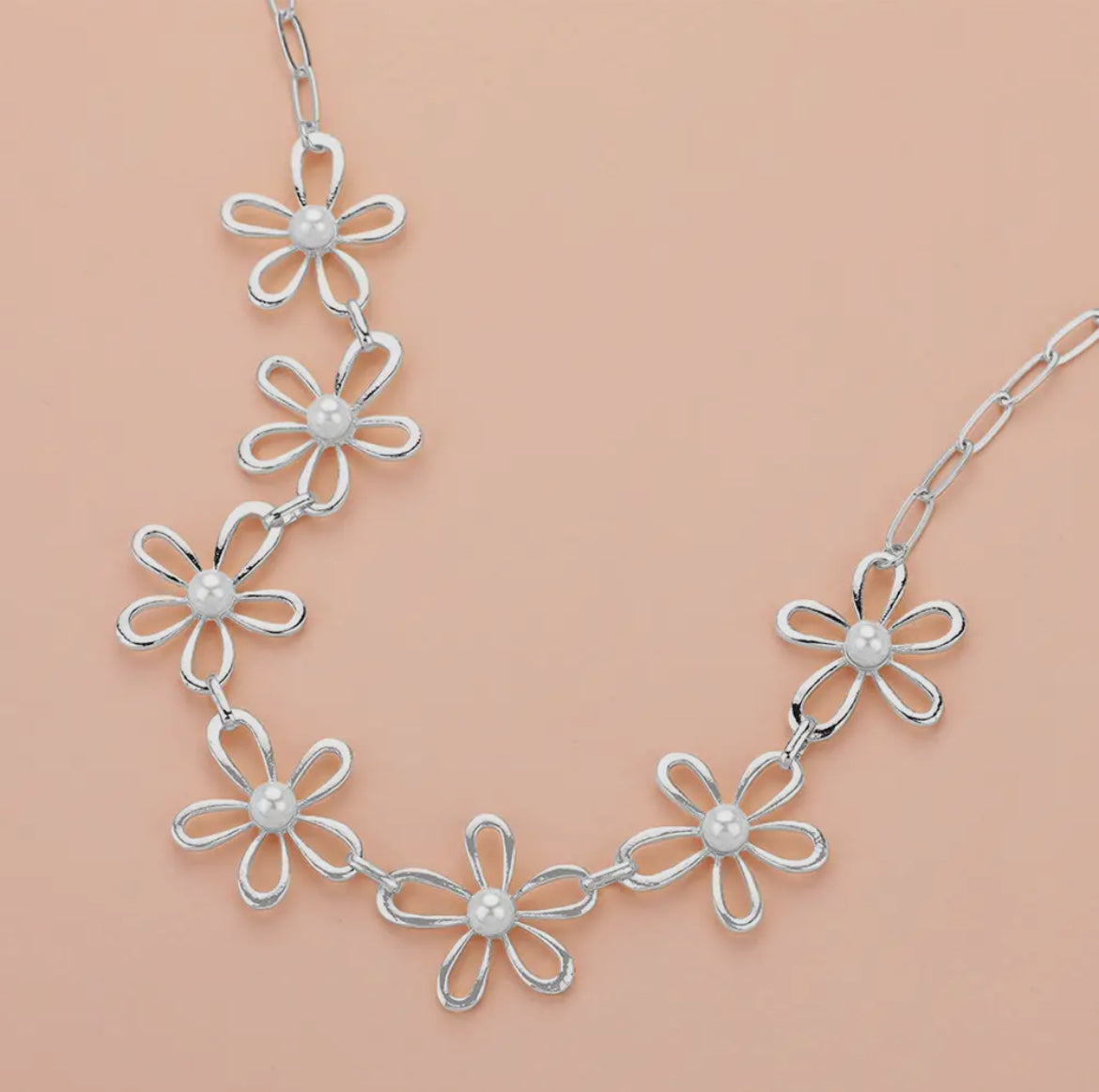 Silver Pearl Centered Flower Necklace