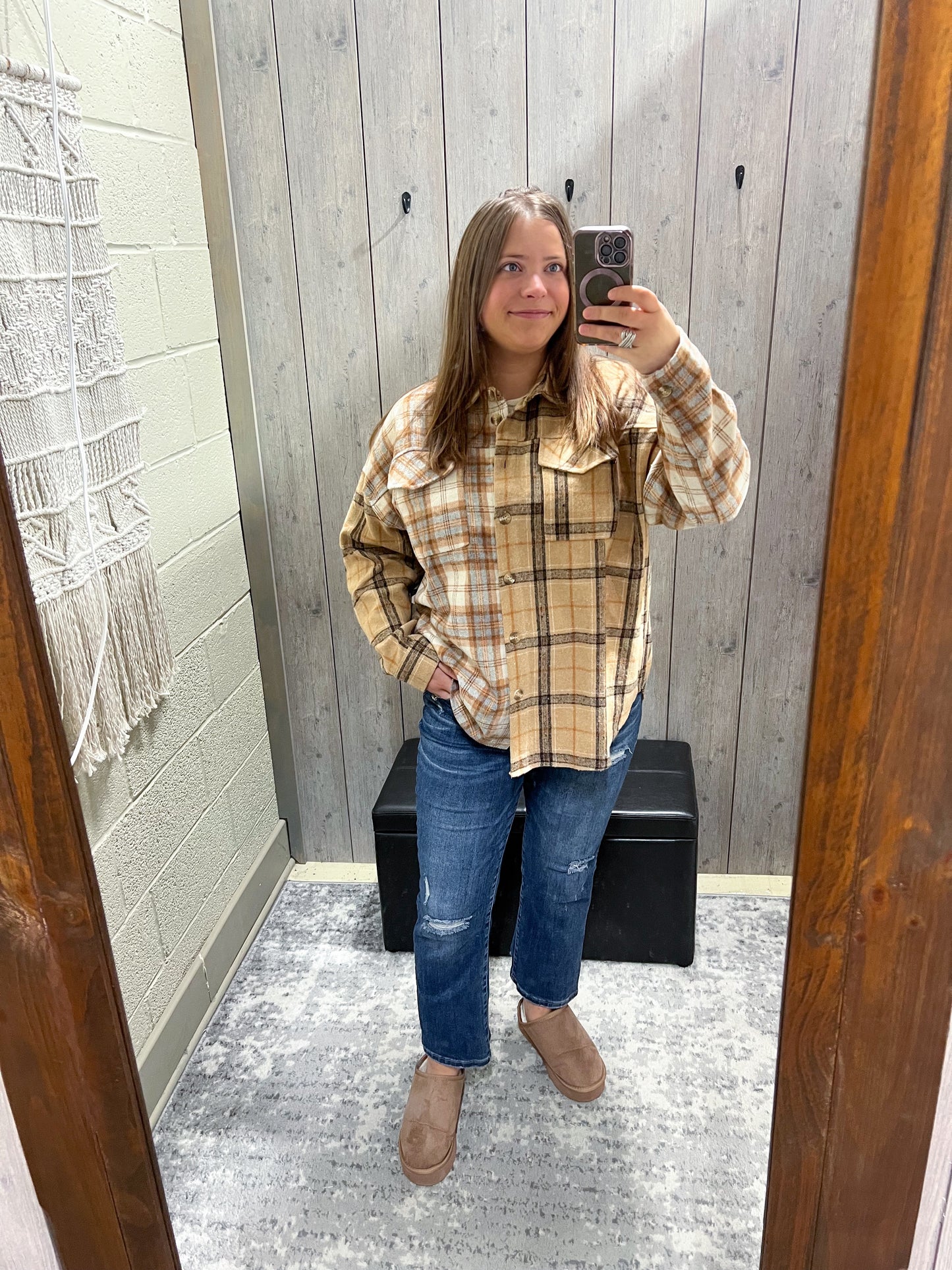 Taupe + Ivory Plaid Flannel Shacket