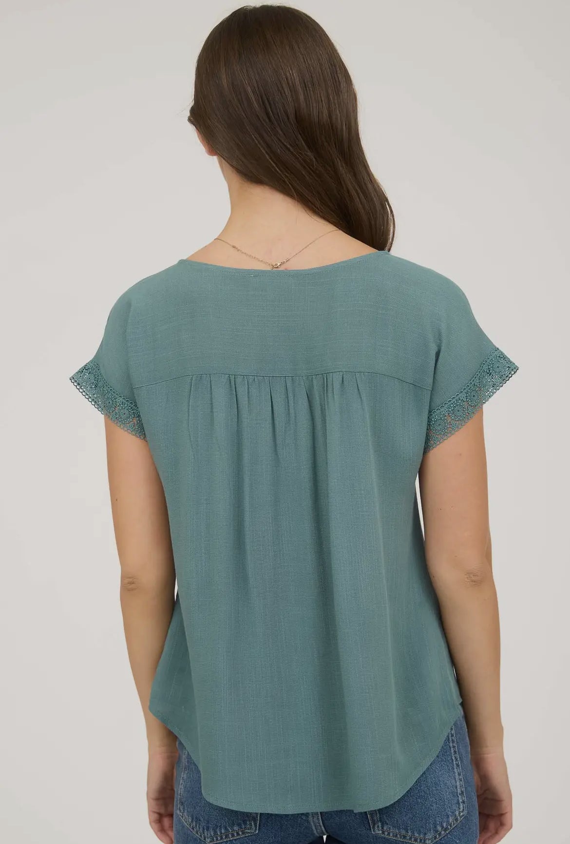 Dusty Teal Lace Trim Blouse