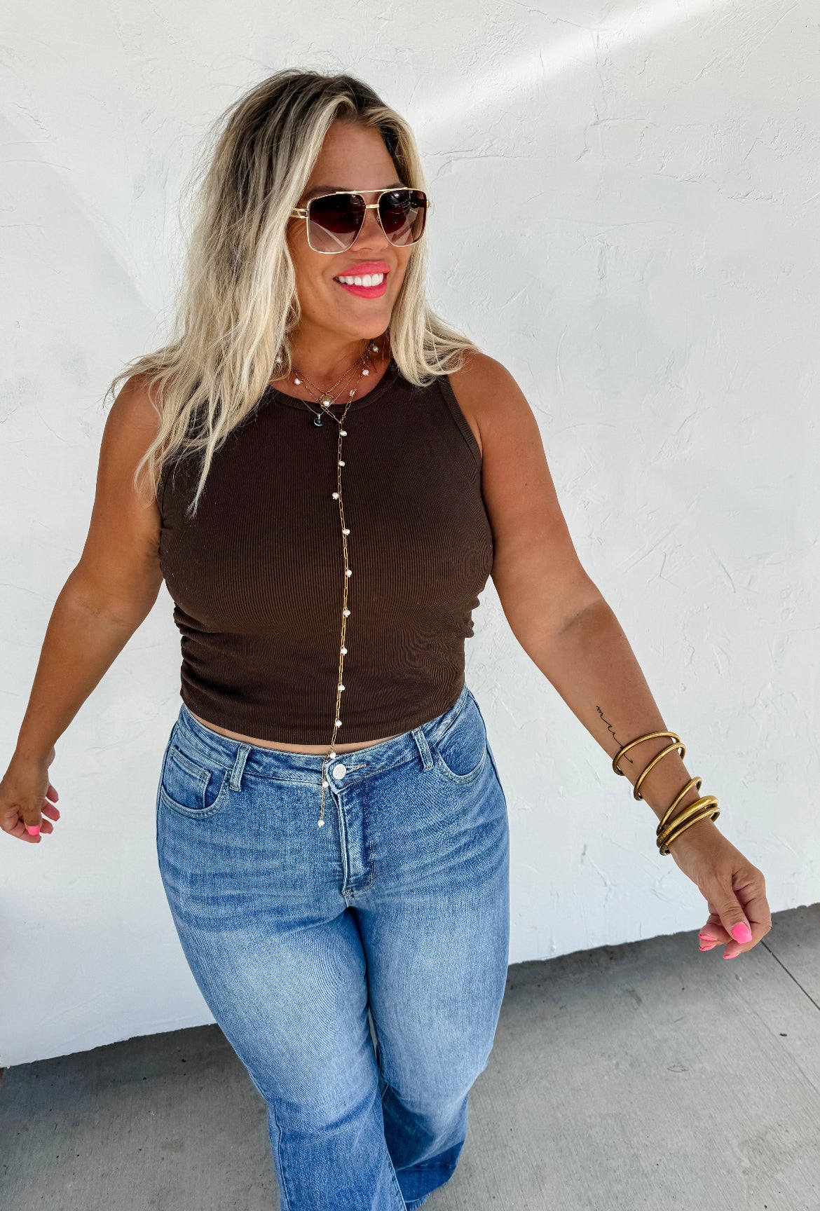 Brown Ribbed Ruched Sides Tank