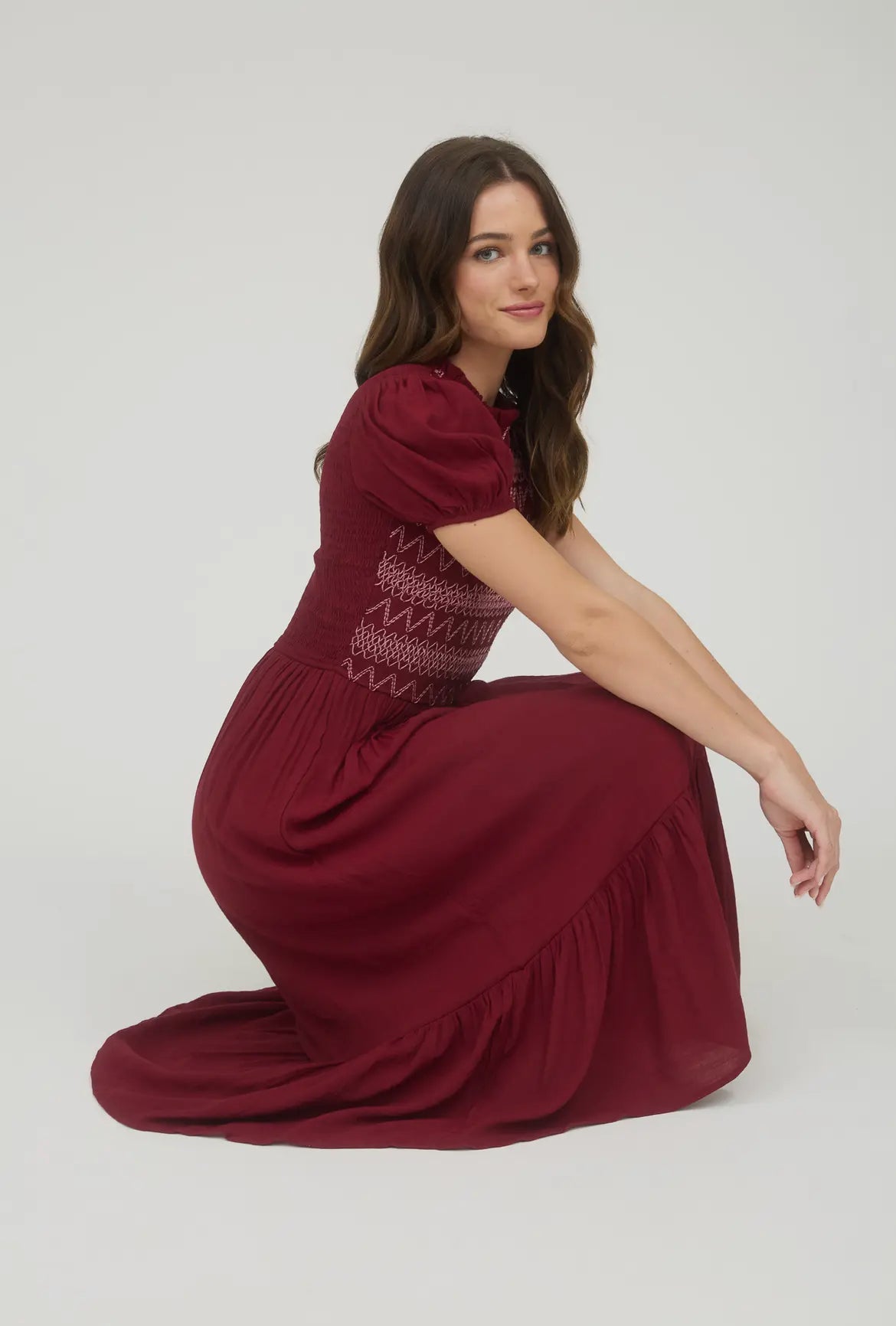 Burgundy + Pink Smocked Detail Midi Dress
