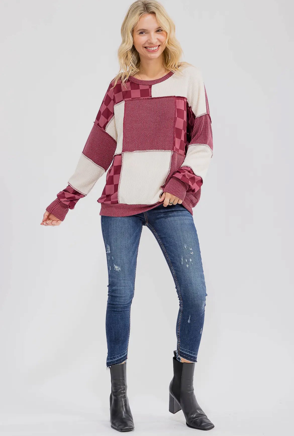 Burgundy + Checkered Ribbed Colorblock Long Sleeve Top
