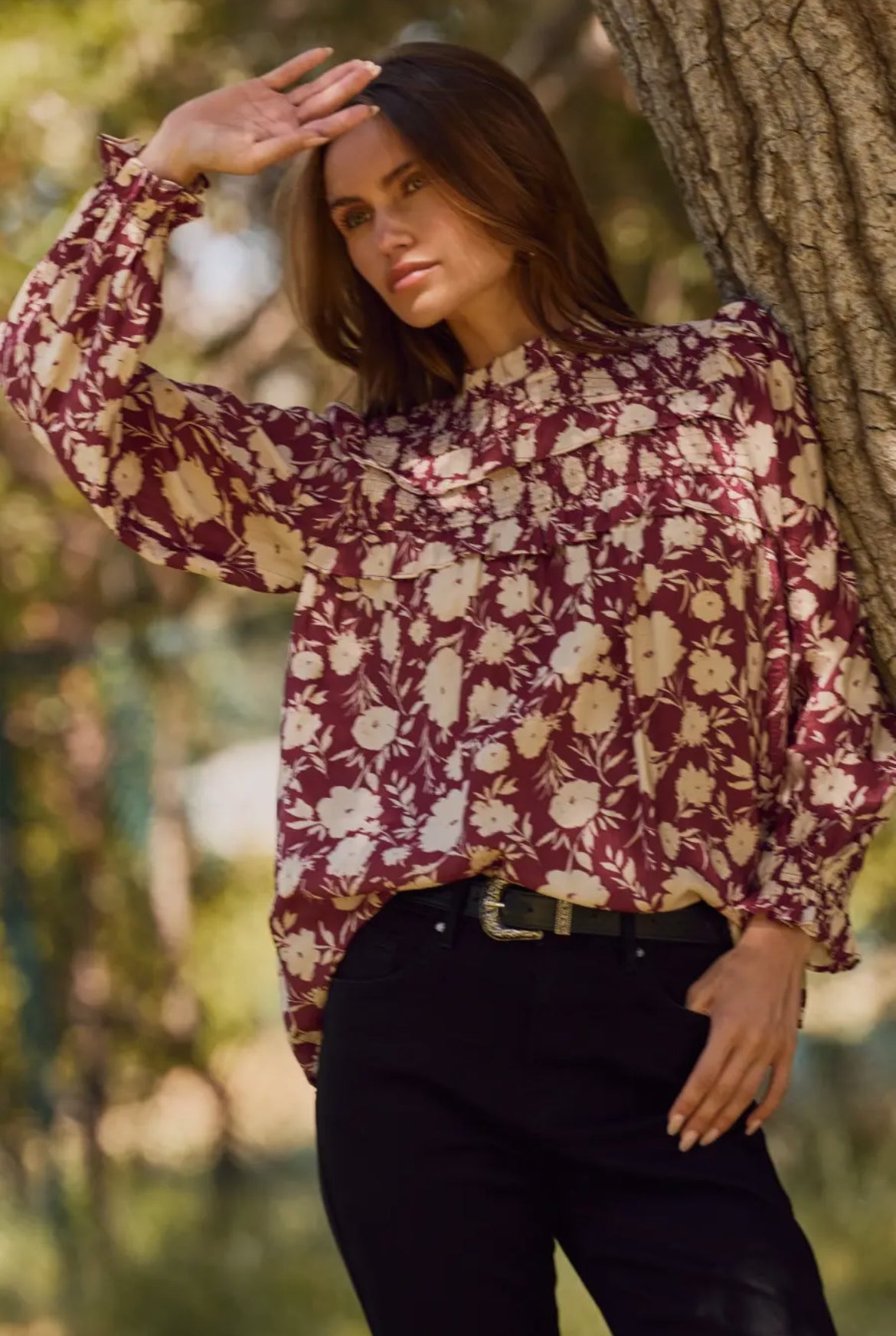 Mulberry Floral High Neck Long Sleeve Blouse