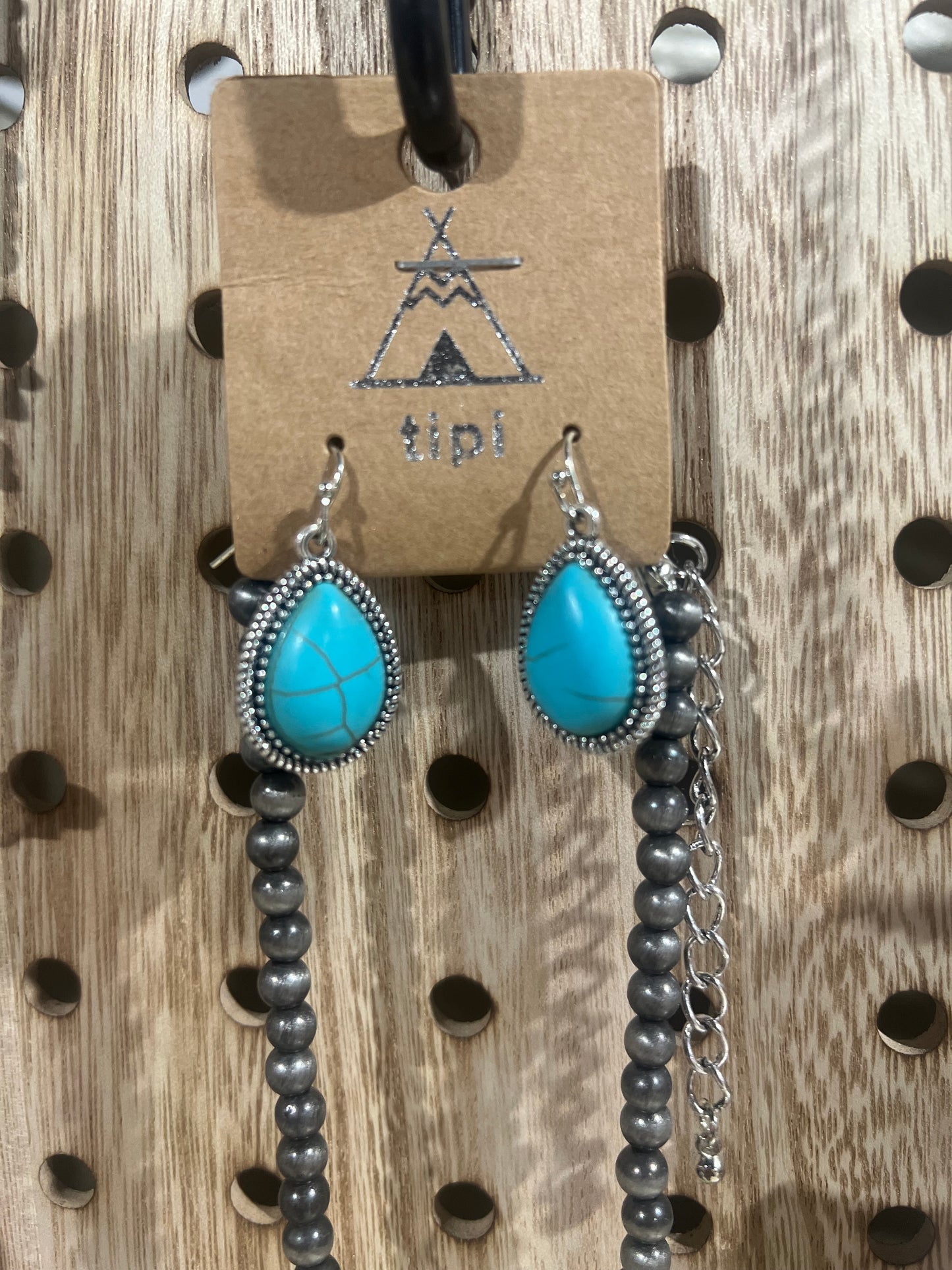 Titanium Pearl + Turquoise Thunderbird Long Necklace + Earrings Set