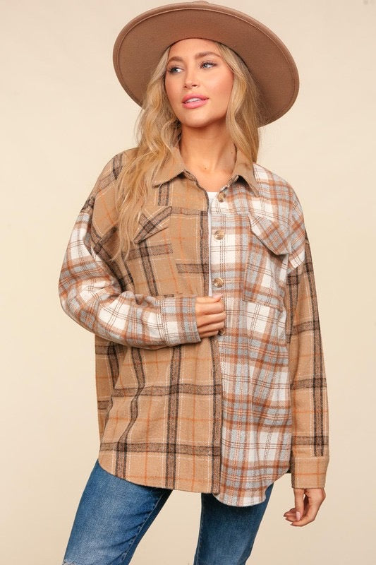 Taupe + Ivory Plaid Flannel Shacket