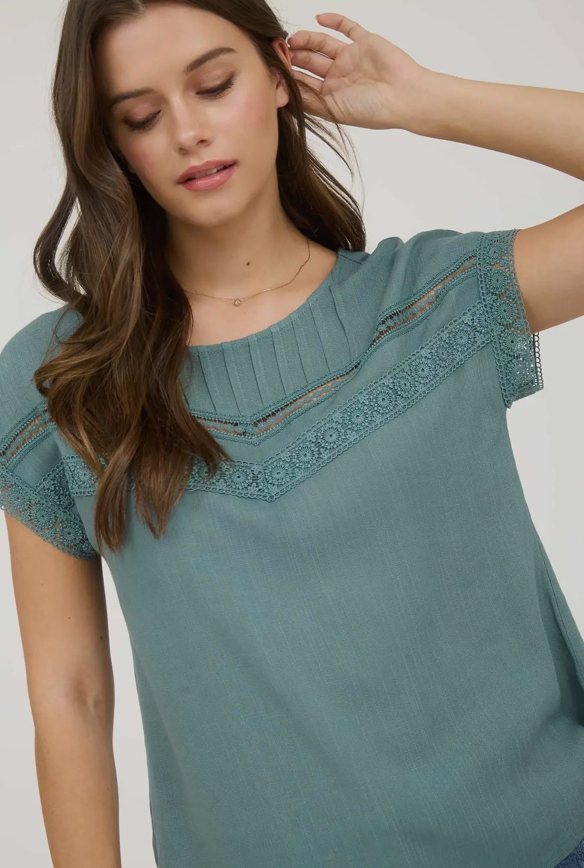 Dusty Teal Lace Trim Blouse