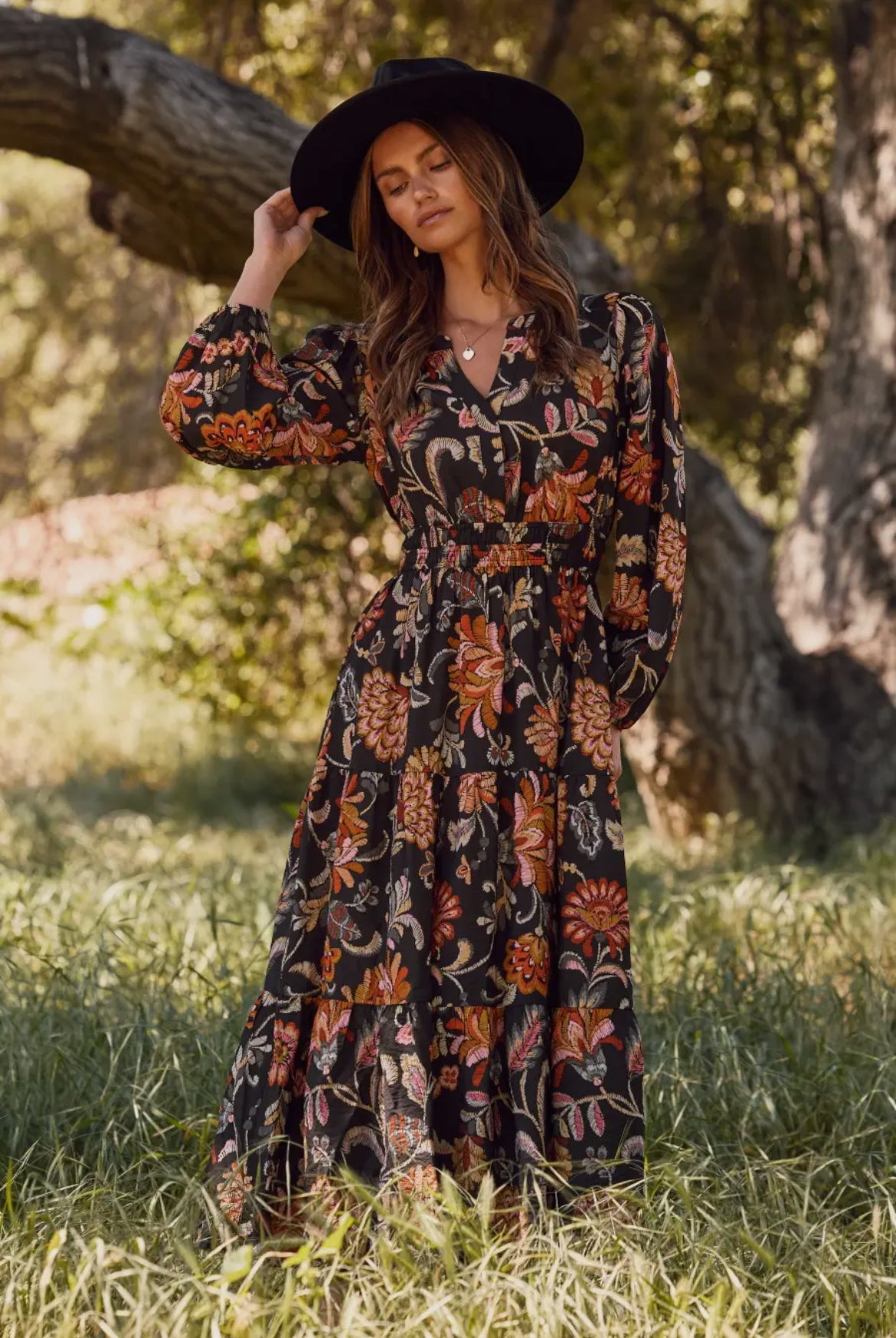 Charcoal Boho Floral Long Sleeve Maxi Dress