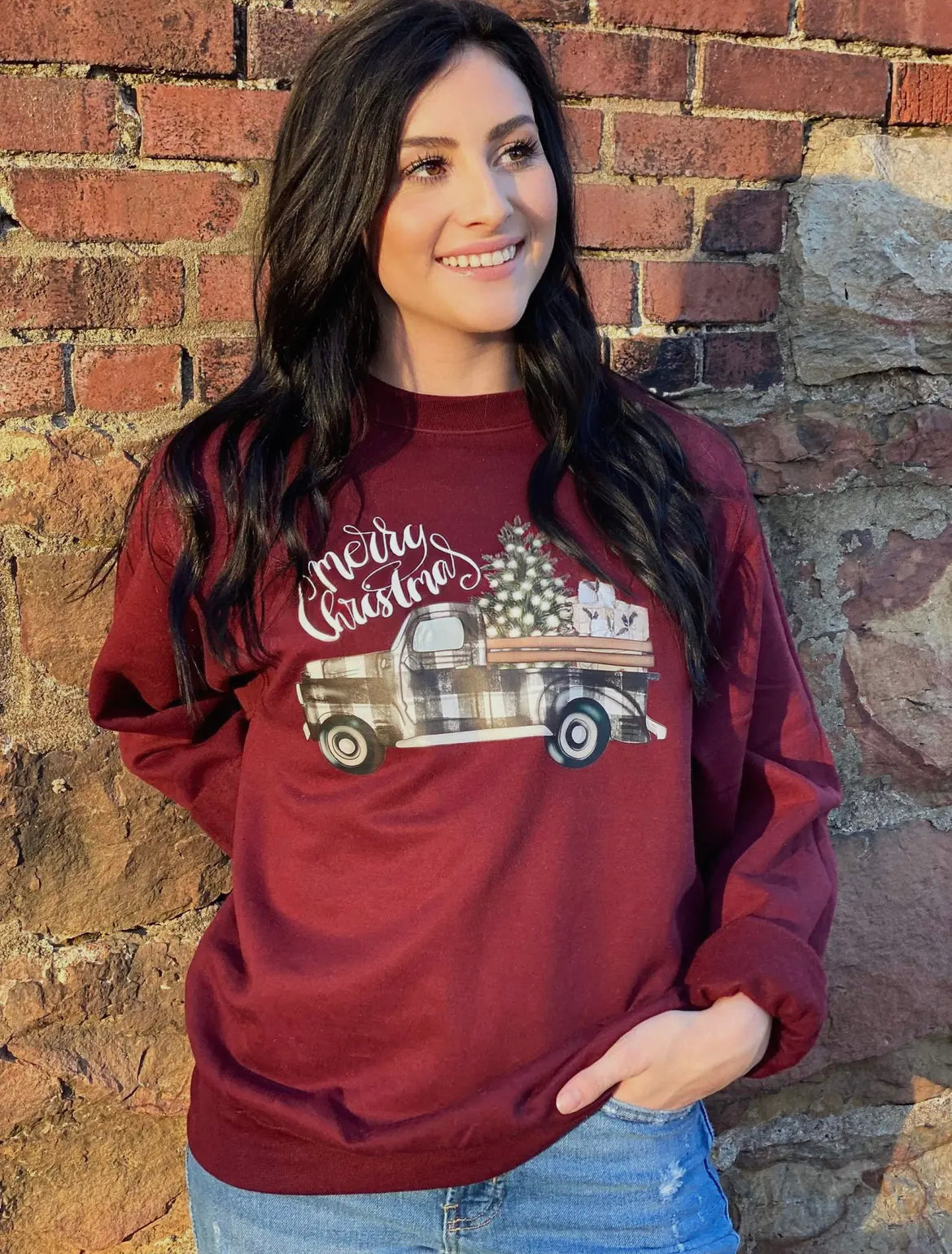 SMALL Merry Christmas Plaid Truck Sweatshirt