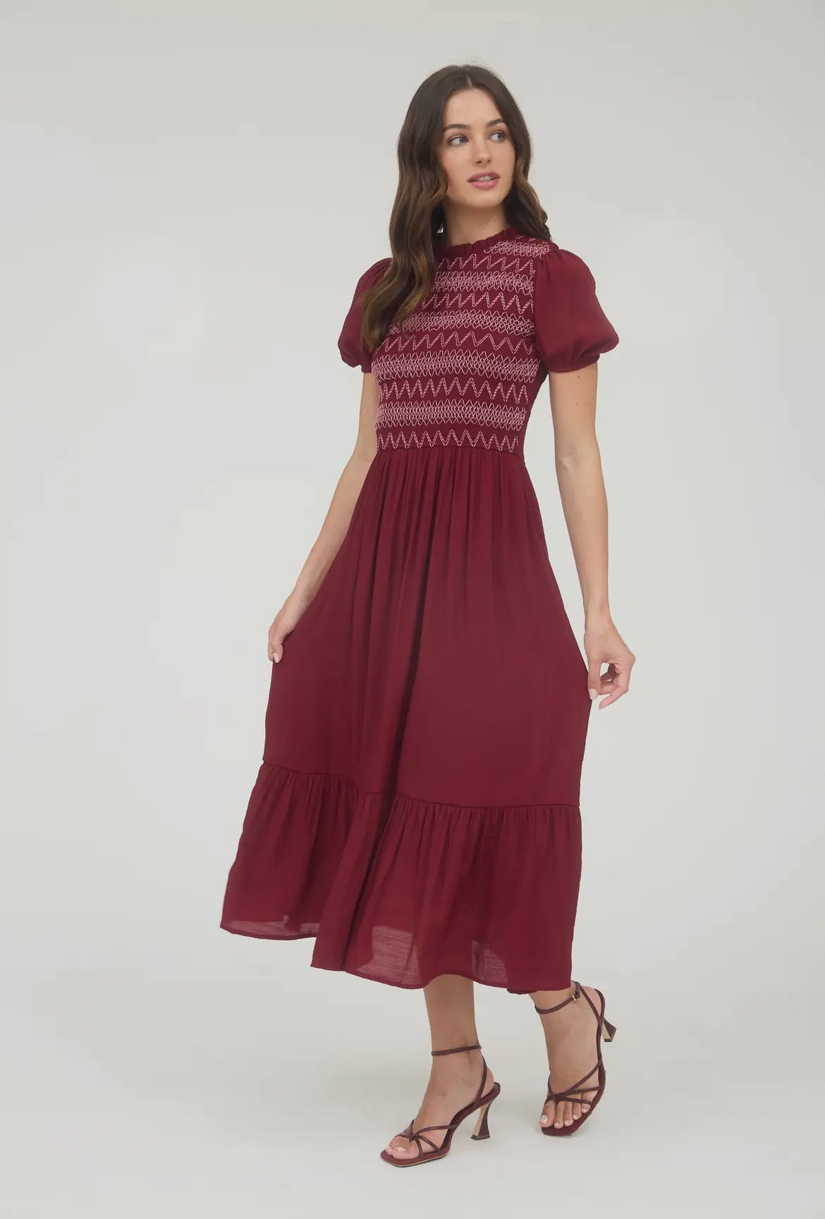 Burgundy + Pink Smocked Detail Midi Dress