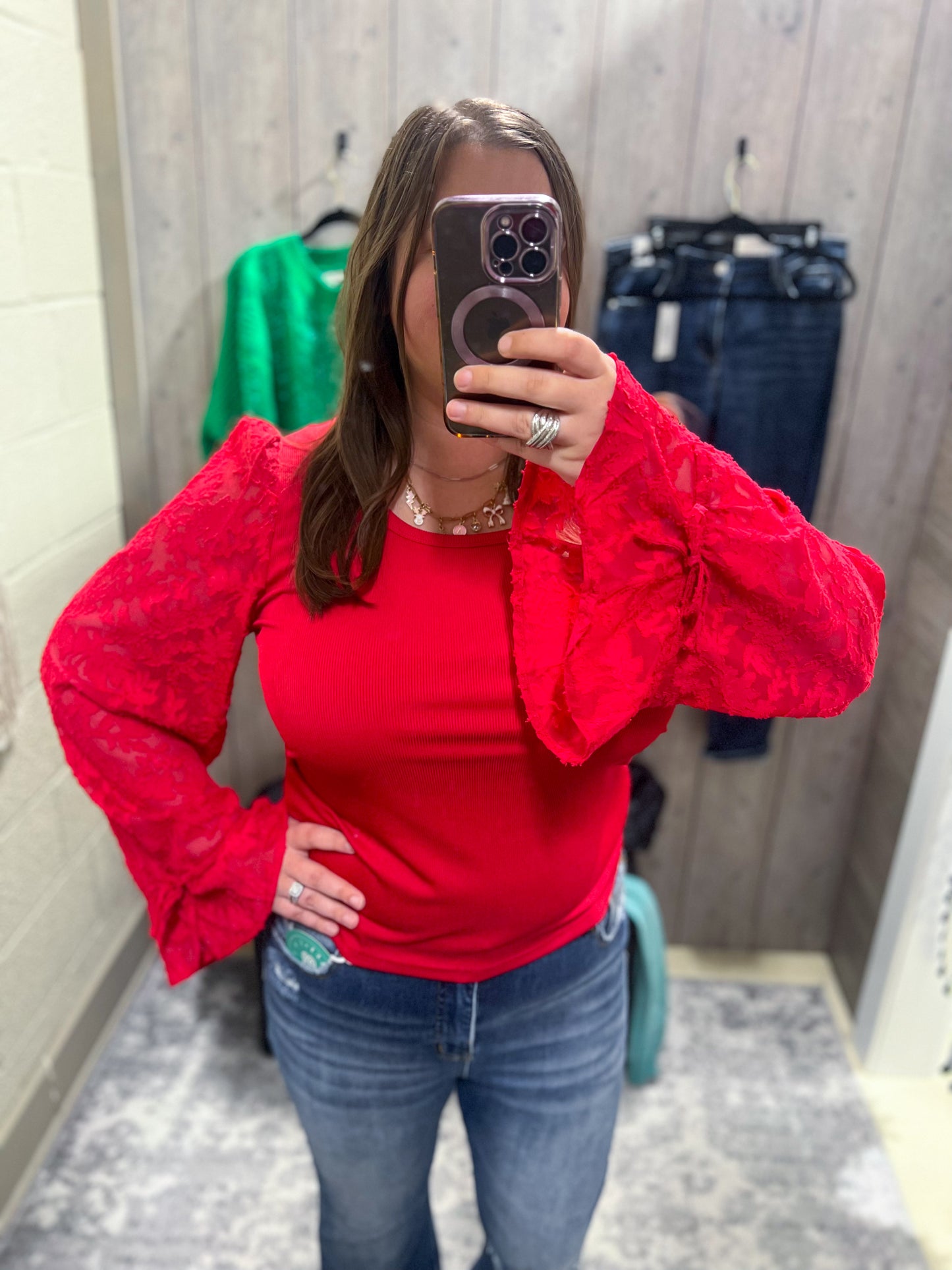 Red Ribbed Top With Jacquard Long Sleeves
