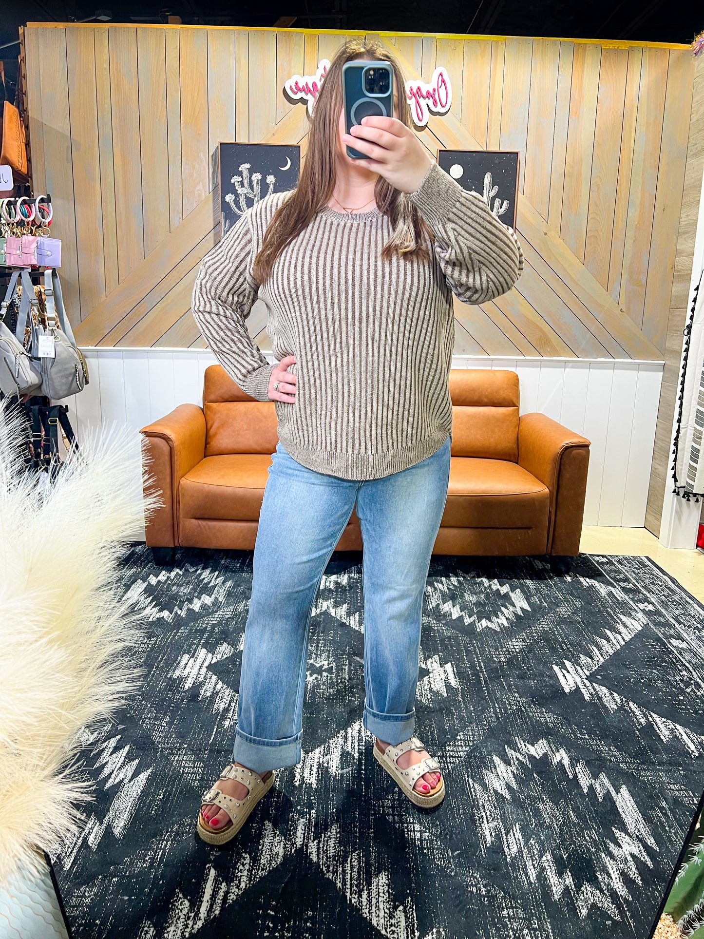 Brown Curved Hem Two-Tone Sweater