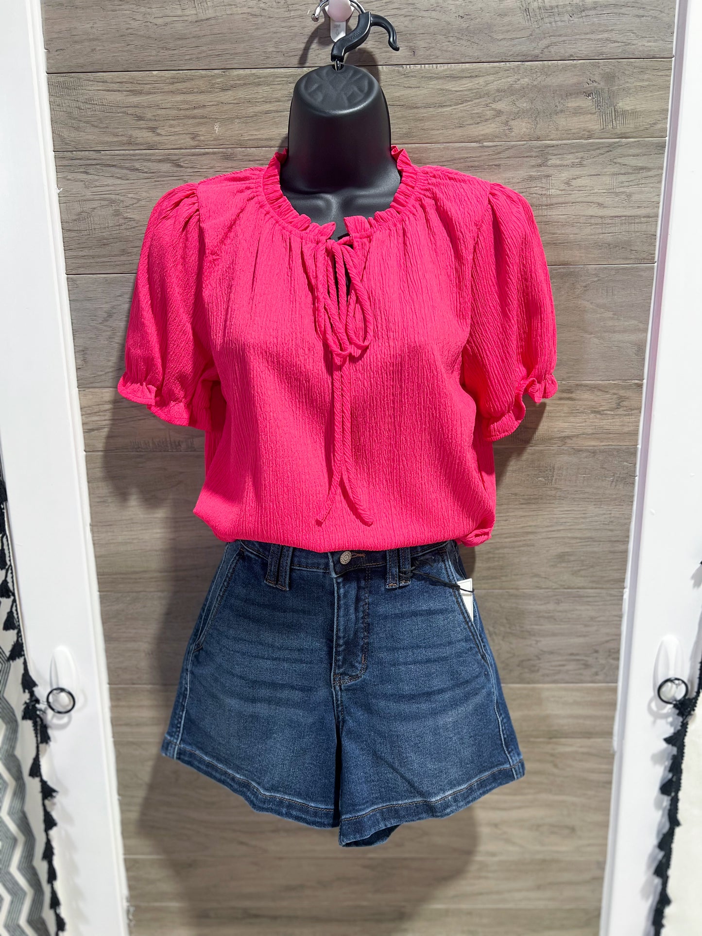Fuchsia Ruffle Mock Neck Blouse