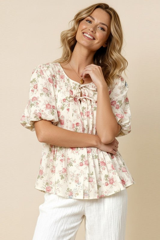 Vintage Bloom Pleated Top