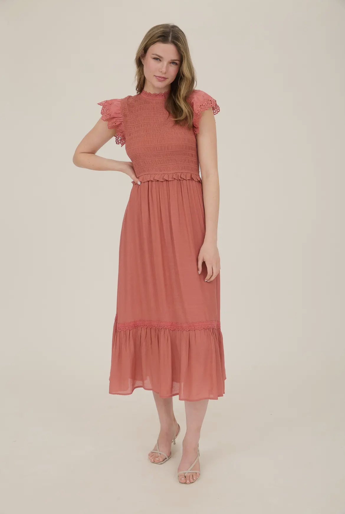 Terracotta Smocked Eyelet Trim Midi Dress