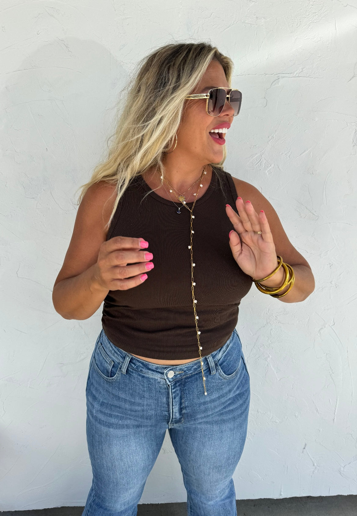 Brown Ribbed Ruched Sides Tank