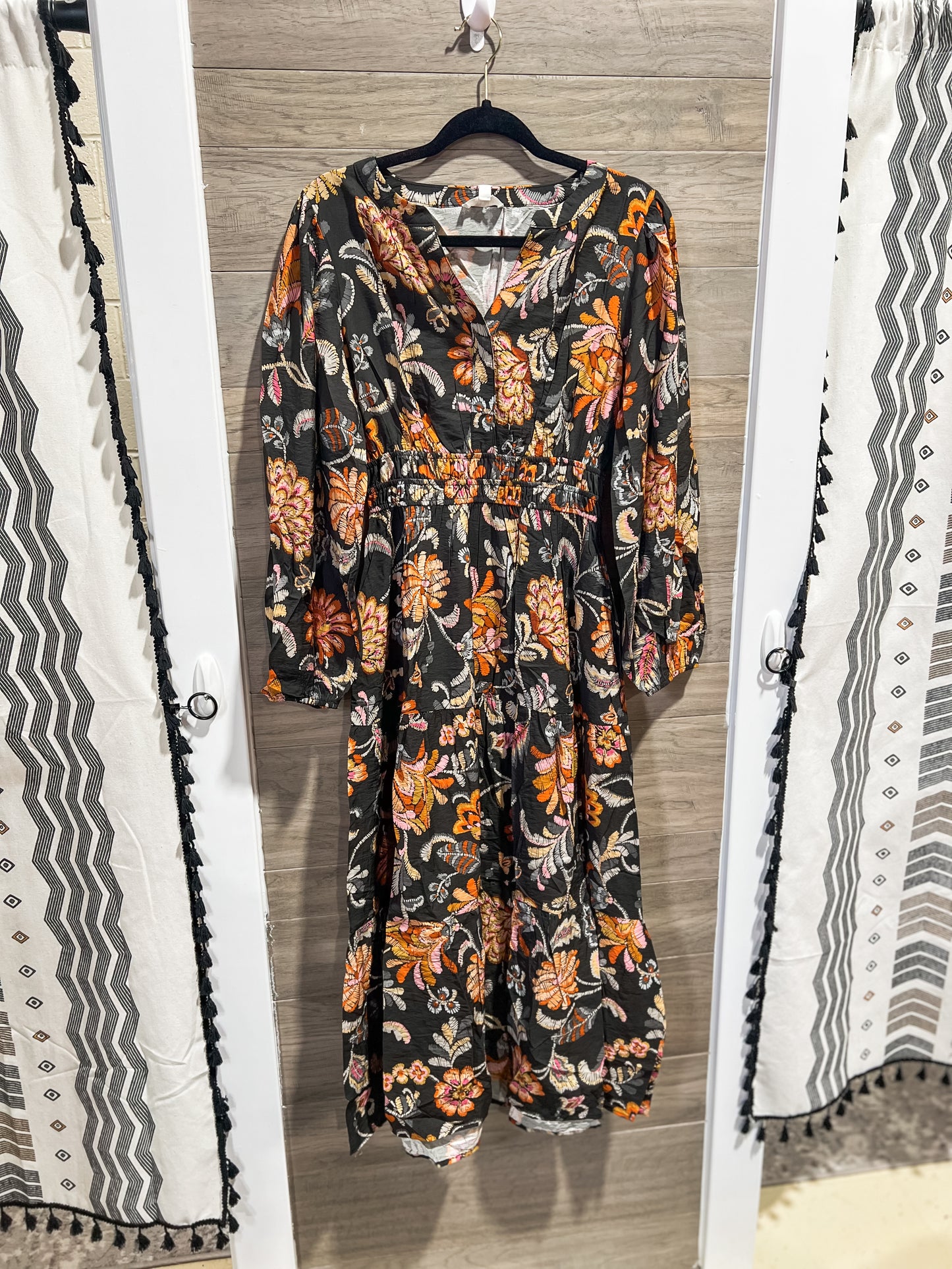 Charcoal Boho Floral Long Sleeve Maxi Dress