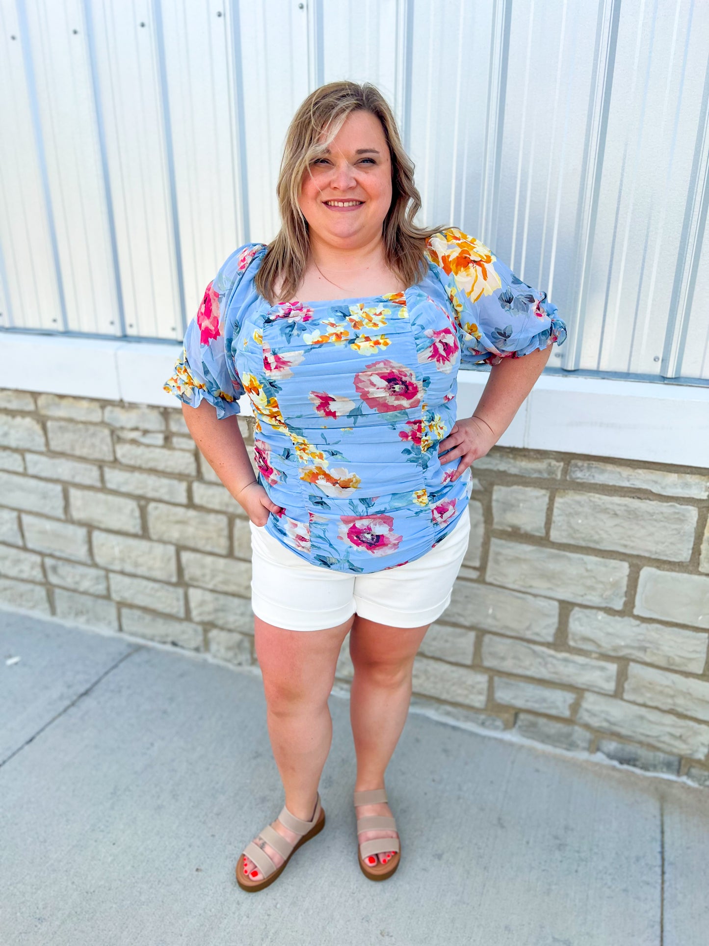 Blue Floral Ruched Top