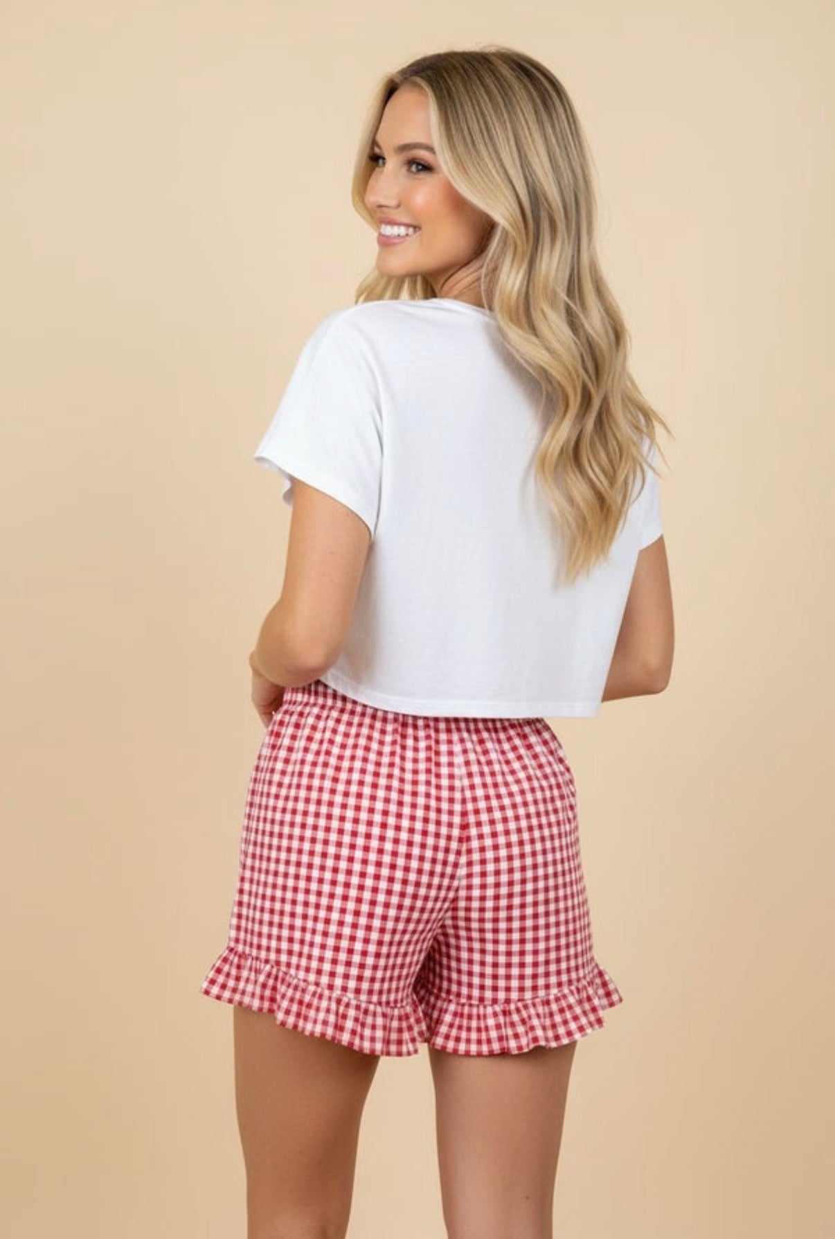 Red Gingham Ruffle Hem Shorts