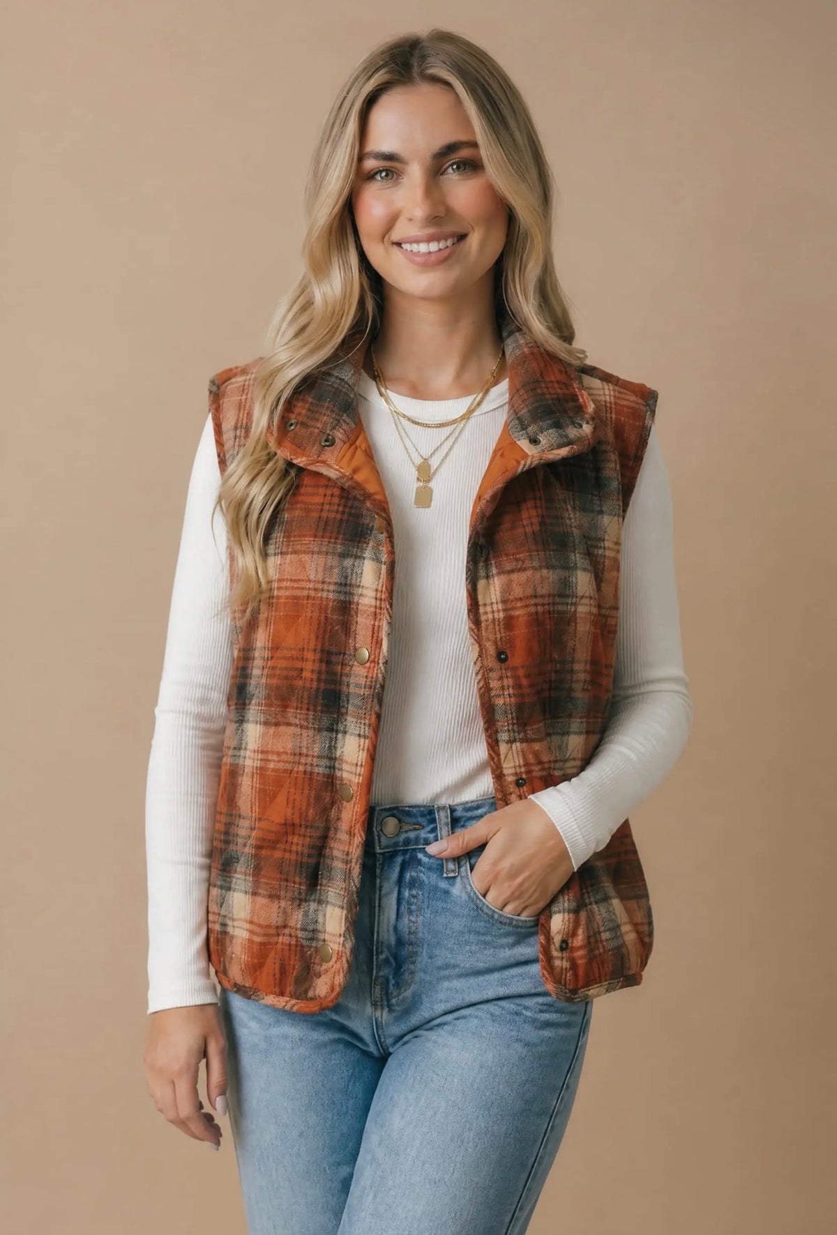 Rust Plaid Quilted Snap Button Vest
