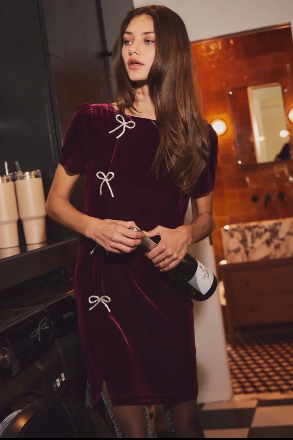 Wine Velvet Sequin Bow Dress