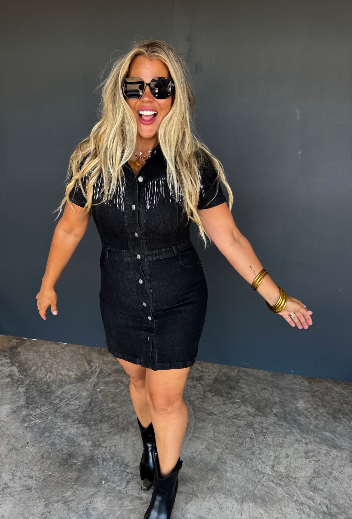 Black Rhinestone Rebel Denim Dress