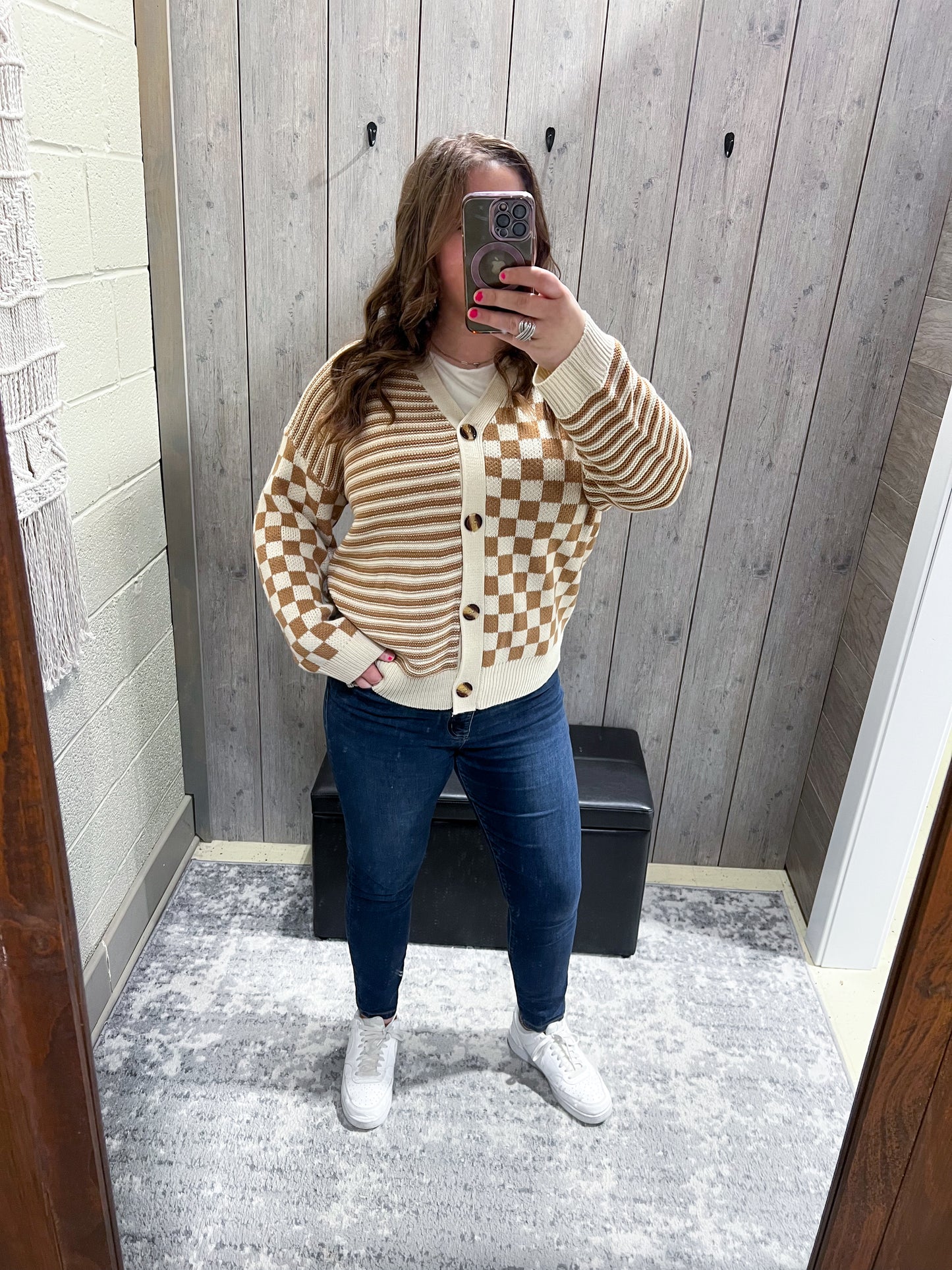 3XL Oatmeal Checkered + Striped Cardigan