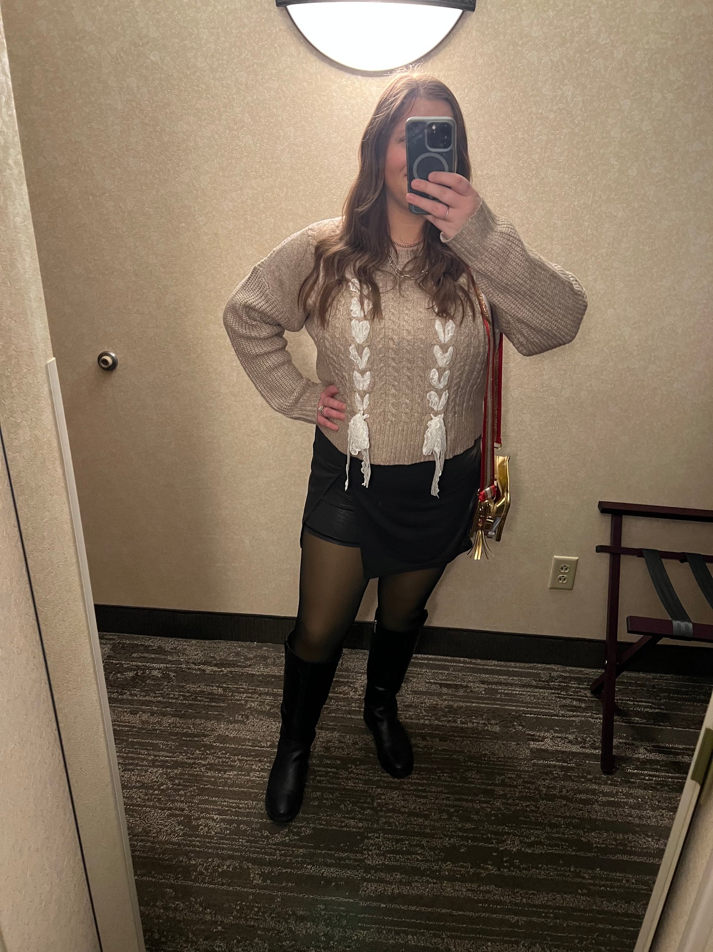 Taupe Lace Braid Bow Cable Knit Sweater