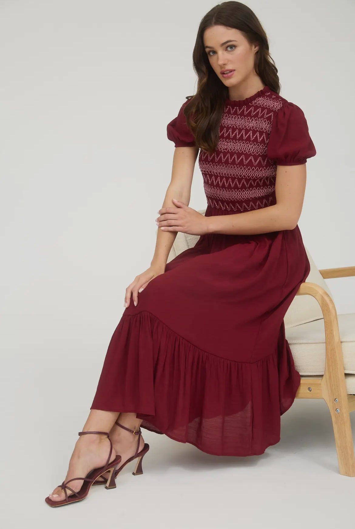 Burgundy + Pink Smocked Detail Midi Dress